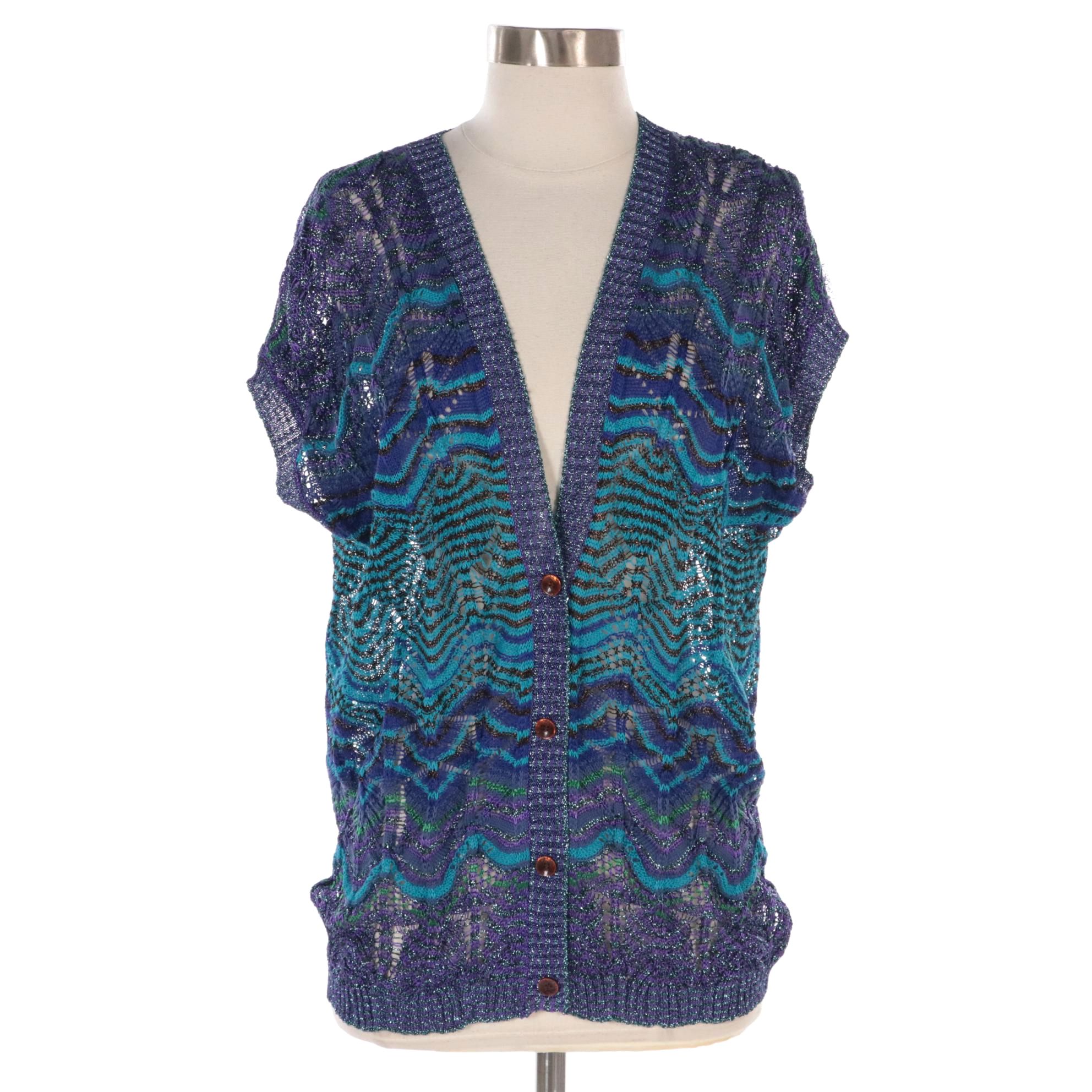 Missoni Blue and Purple Metallic Knit Short-Sleeve Cardigan Sweater