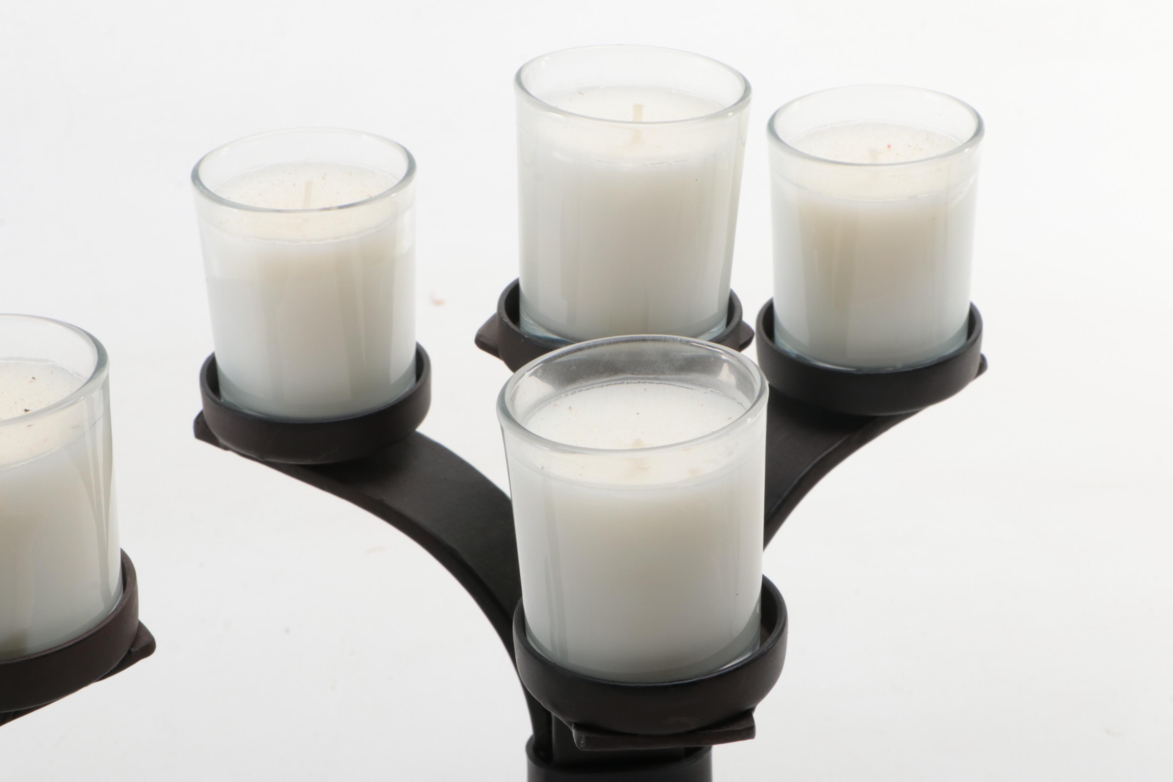 Black Wrought Iron Three-Legged Candle Votive Holders with Candles