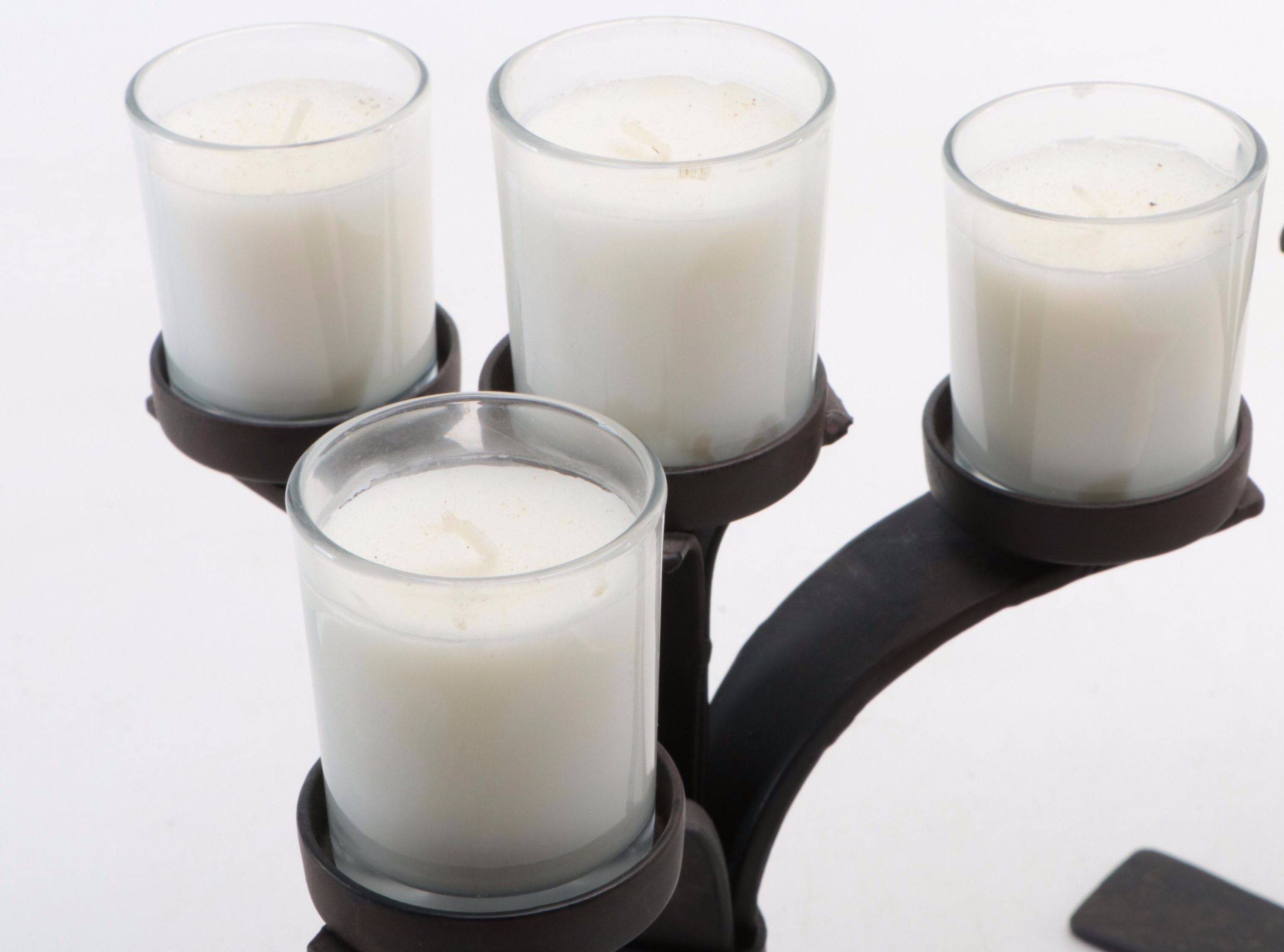 Black Wrought Iron Three-Legged Candle Votive Holders with Candles