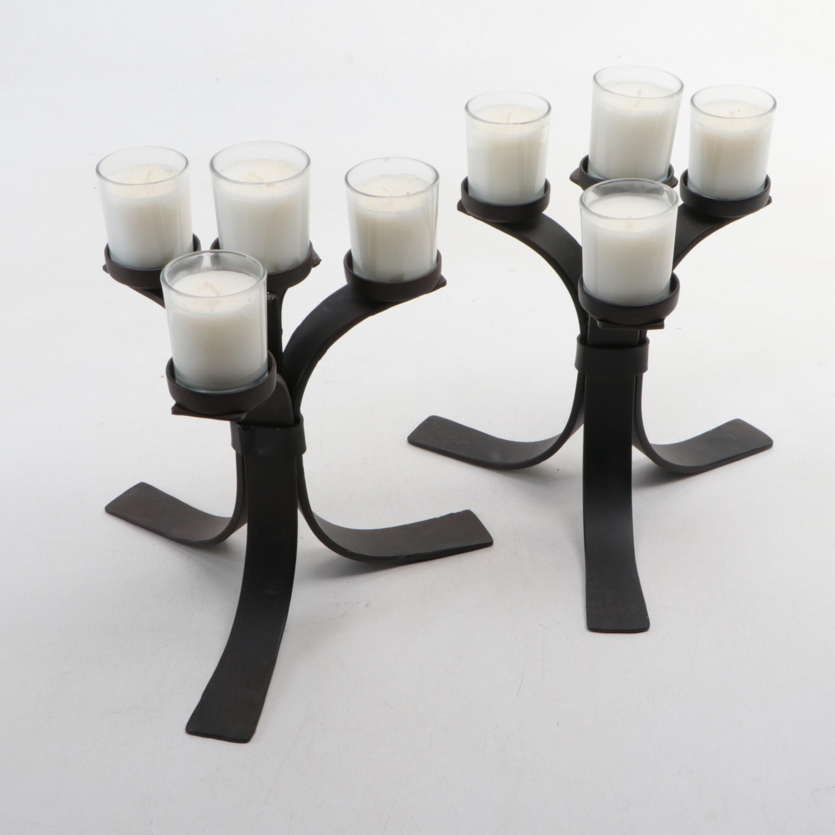 Black Wrought Iron Three-Legged Candle Votive Holders with Candles