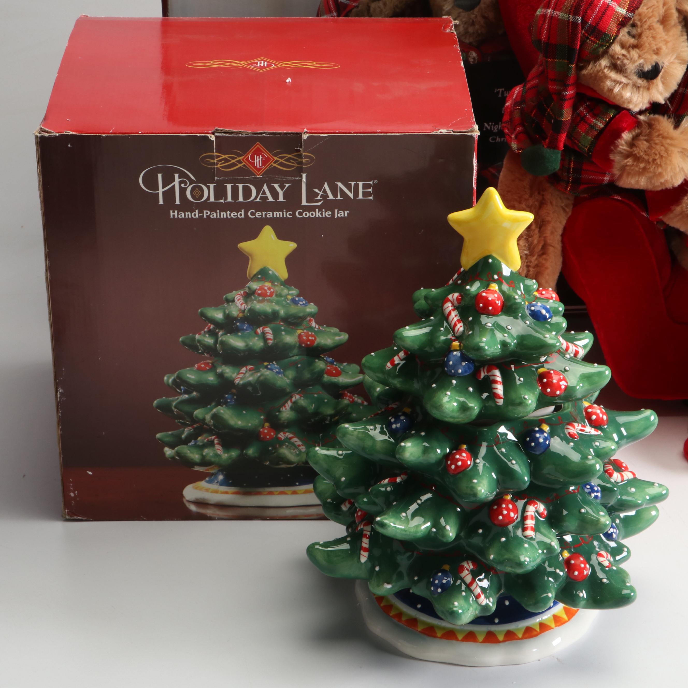 Holiday Lane Ceramic Tree-Shaped Cookie Jar with Other Christmas Décor
