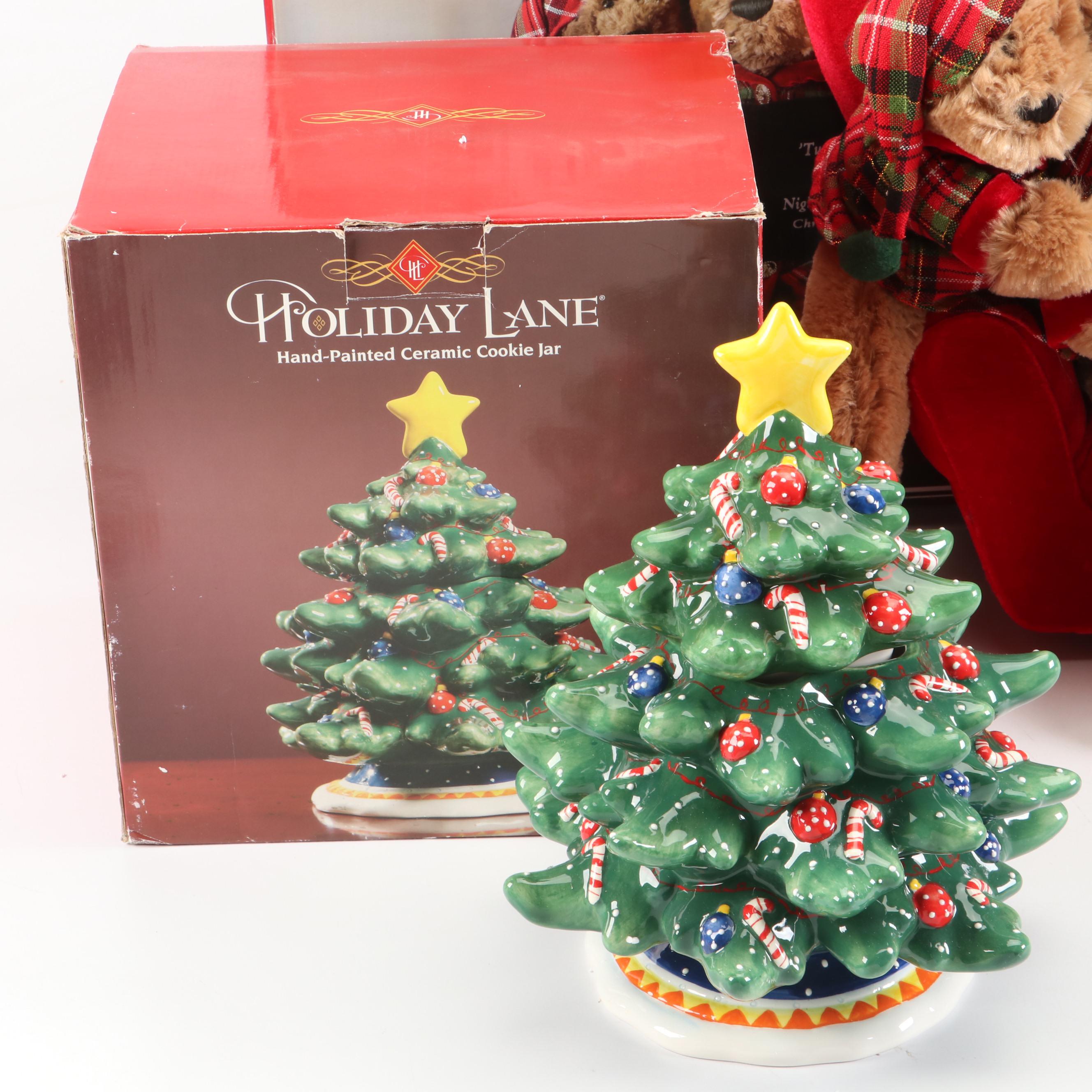 Holiday Lane Ceramic Tree-Shaped Cookie Jar with Other Christmas Décor
