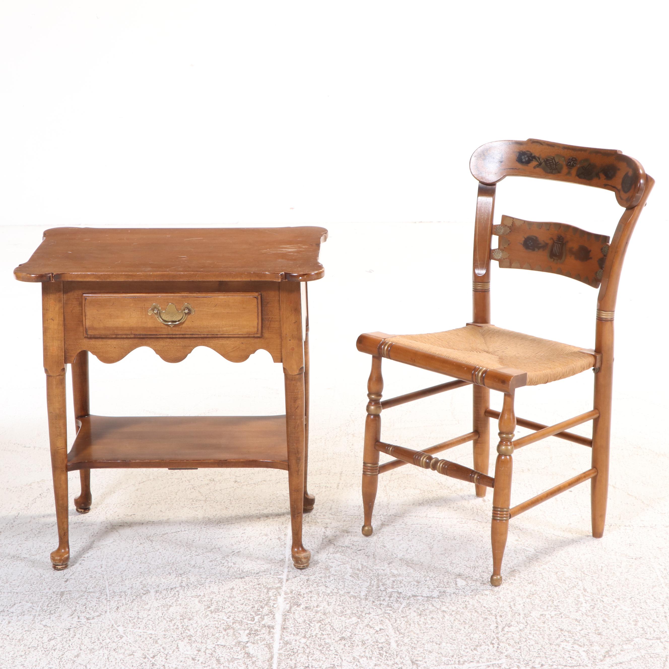 Ethan Allen Queen Anne Style Maple Side Table and Gilt-Stenciled Side Chair