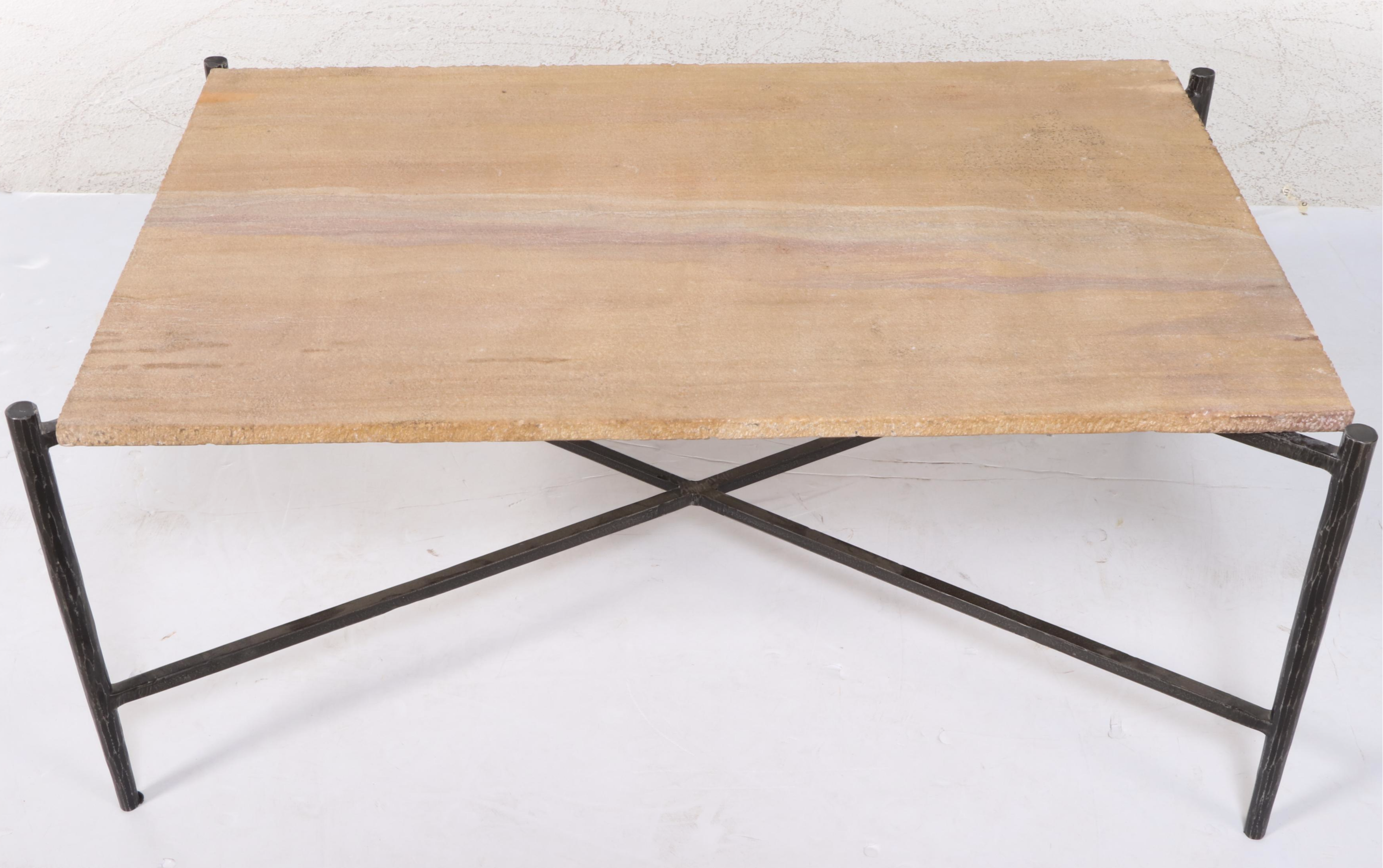 Modern Metal and Stone Slab Coffee Table