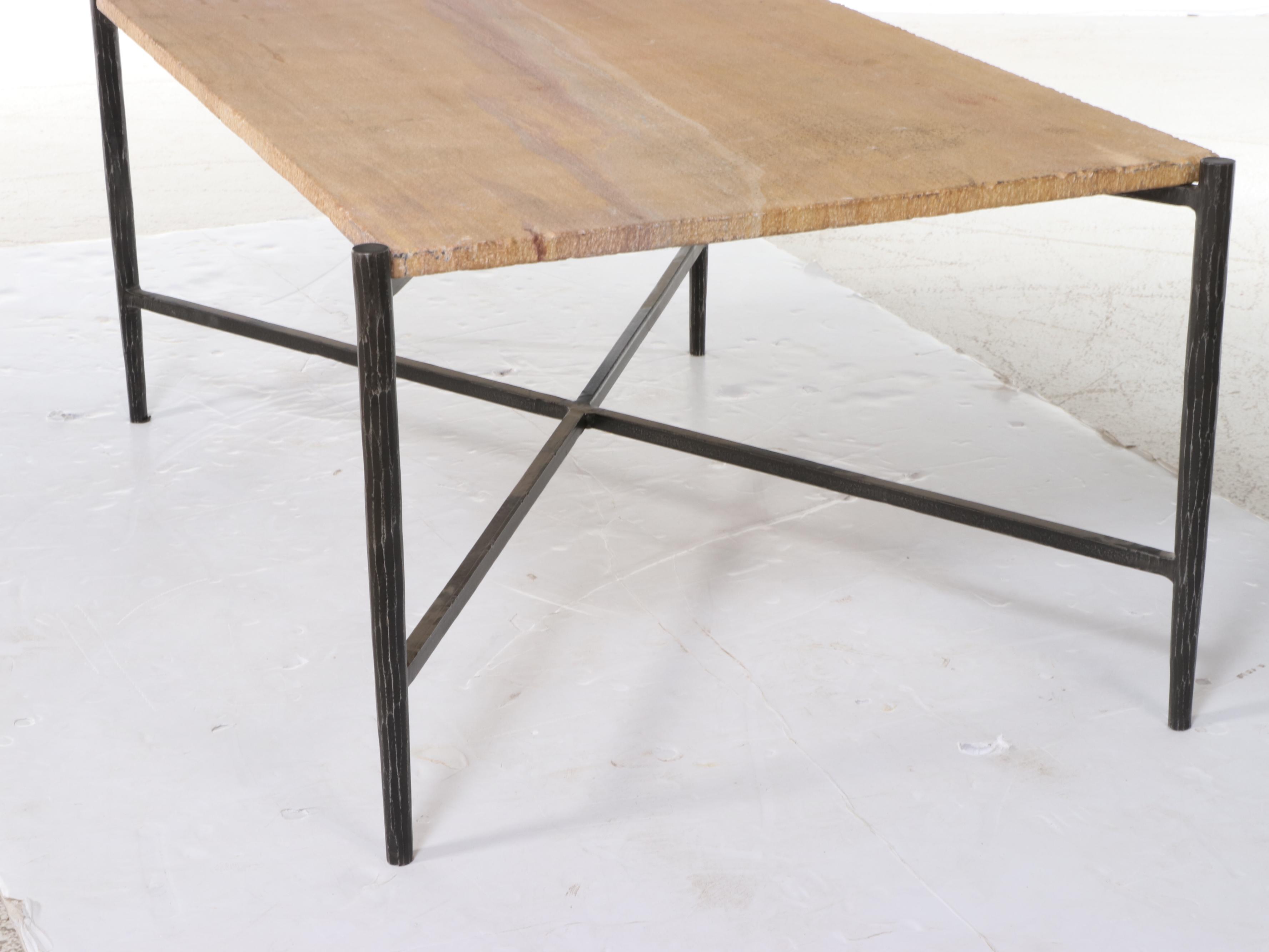 Modern Metal and Stone Slab Coffee Table