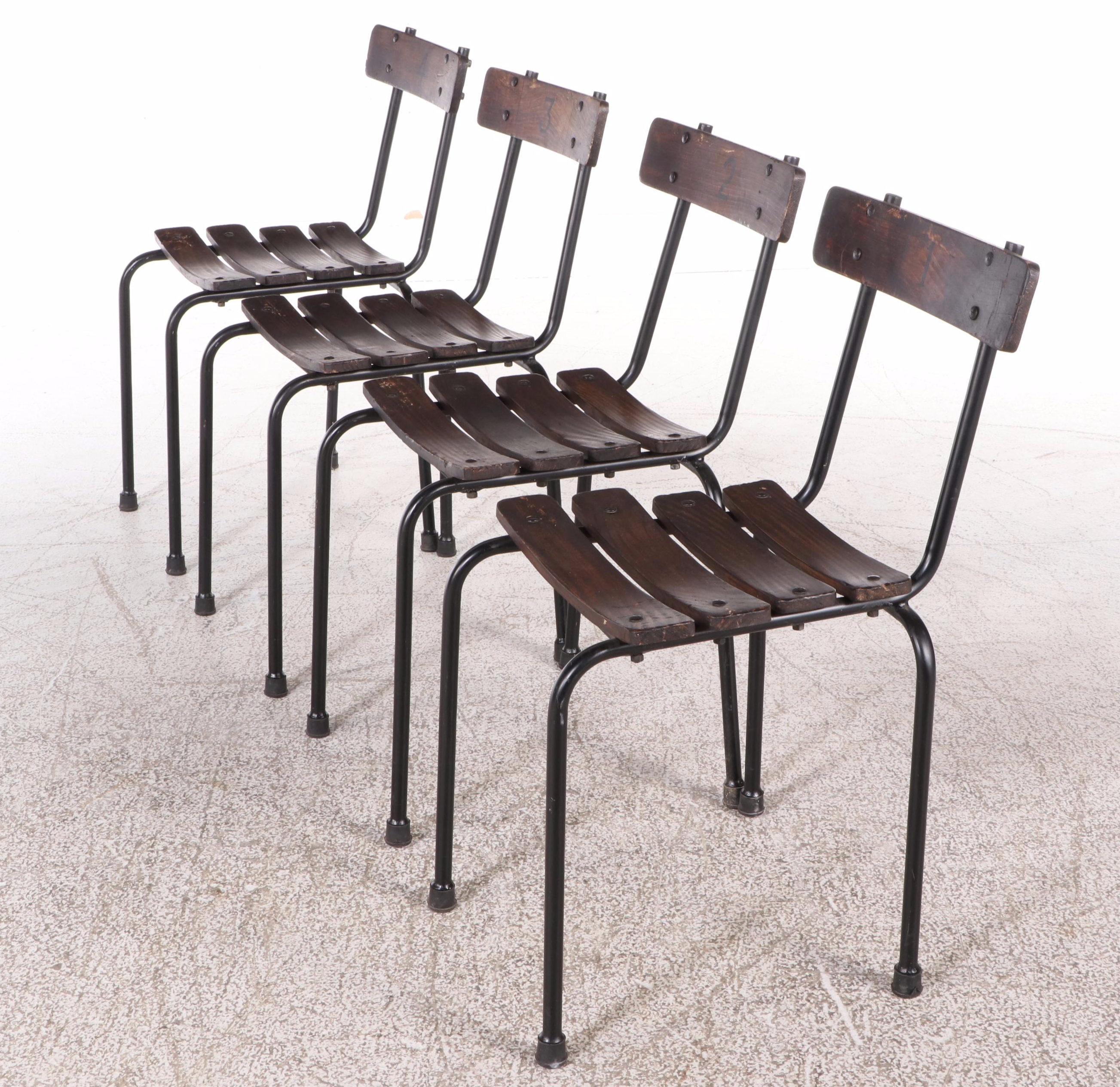 Set of Four Wood Slat and Metal School Chairs, Mid-20th Century