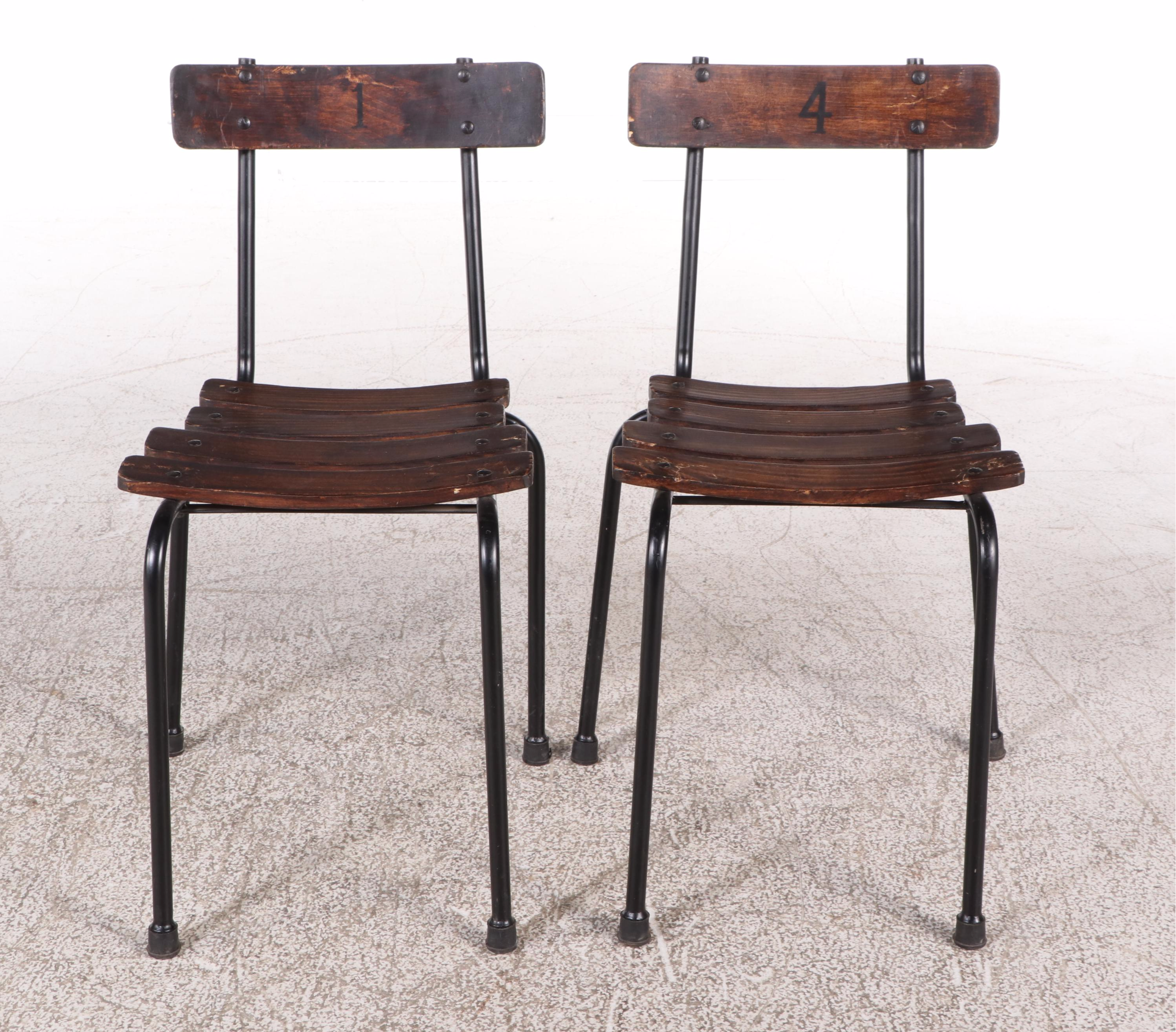 Set of Four Wood Slat and Metal School Chairs, Mid-20th Century