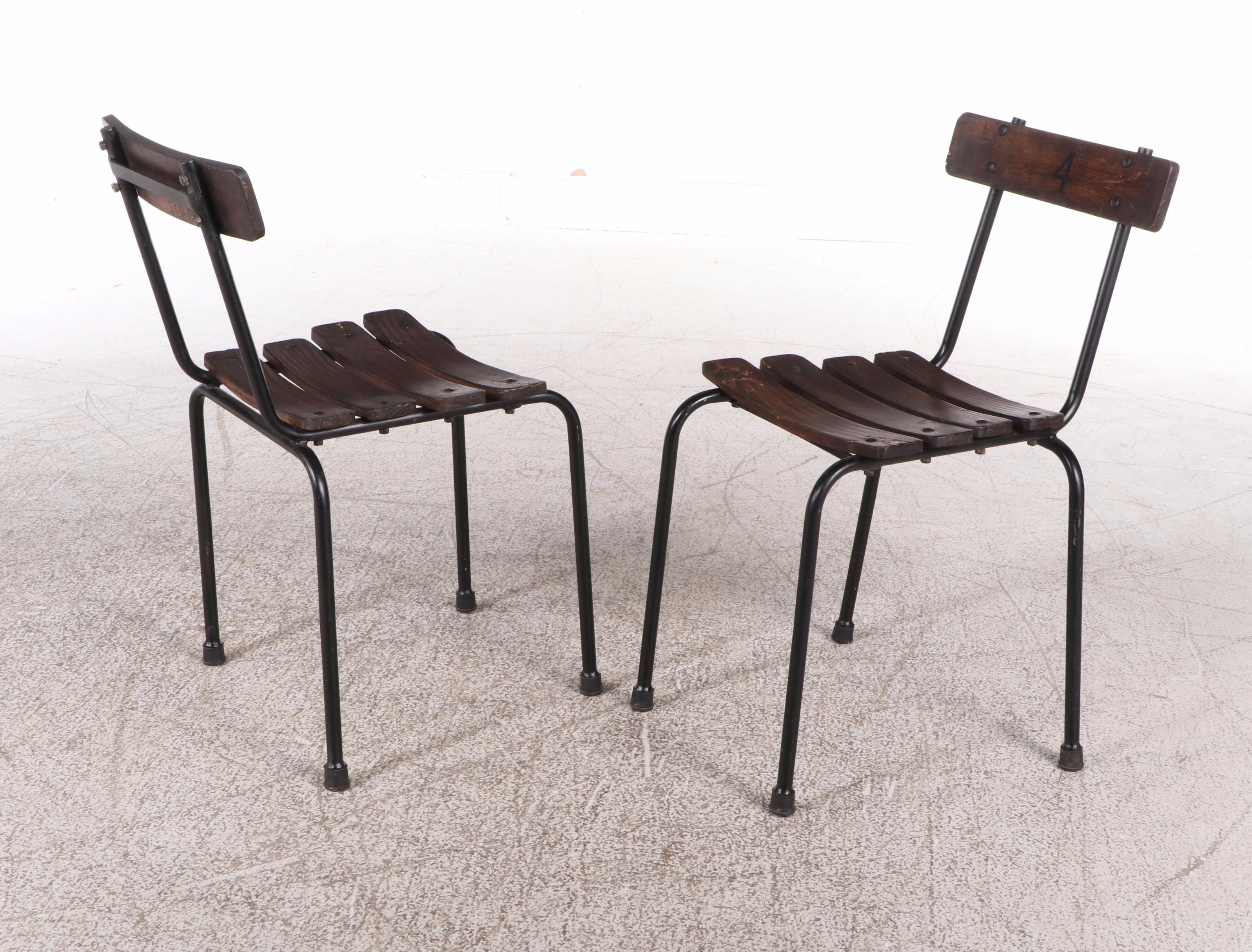 Set of Four Wood Slat and Metal School Chairs, Mid-20th Century