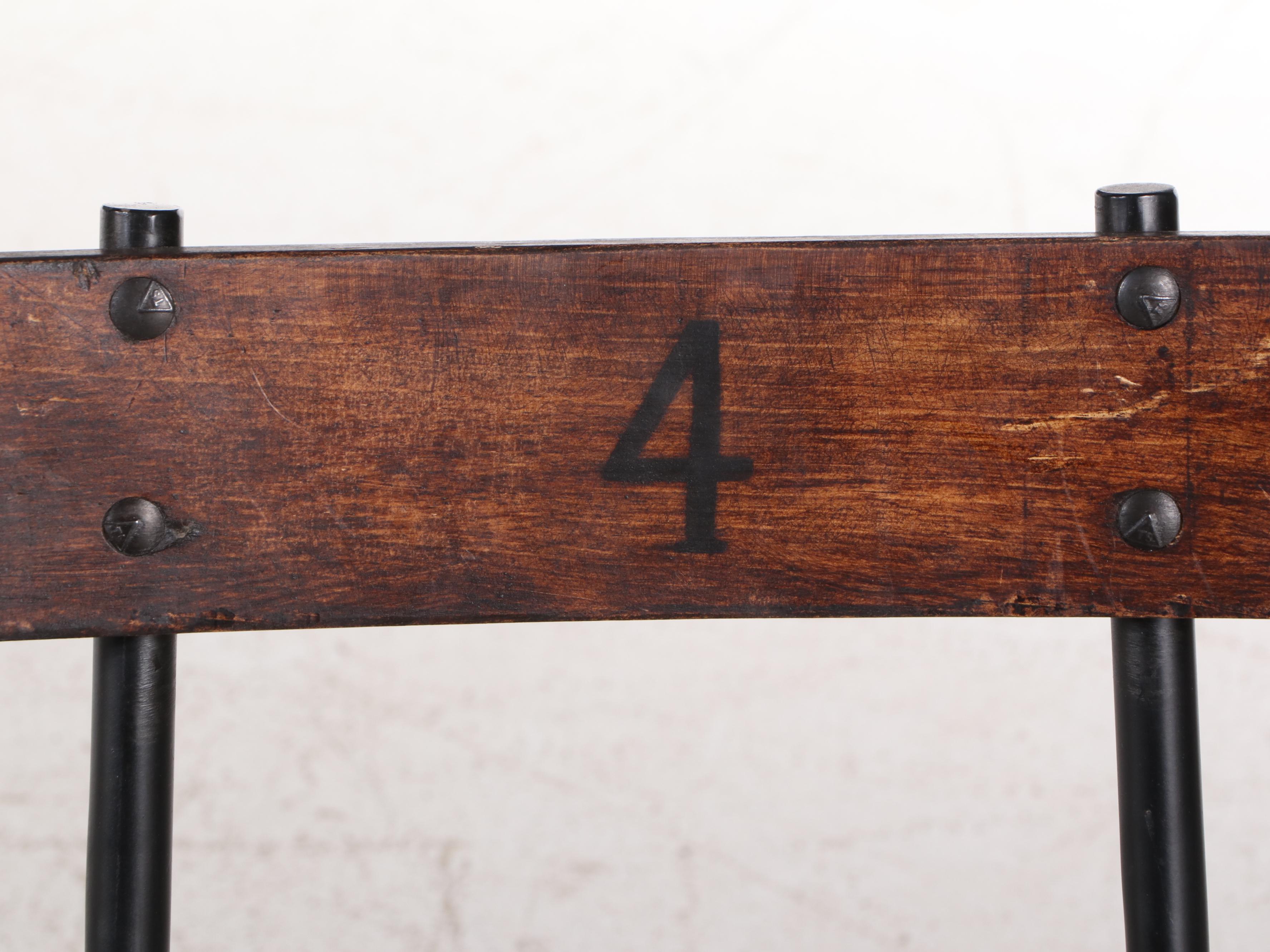 Set of Four Wood Slat and Metal School Chairs, Mid-20th Century