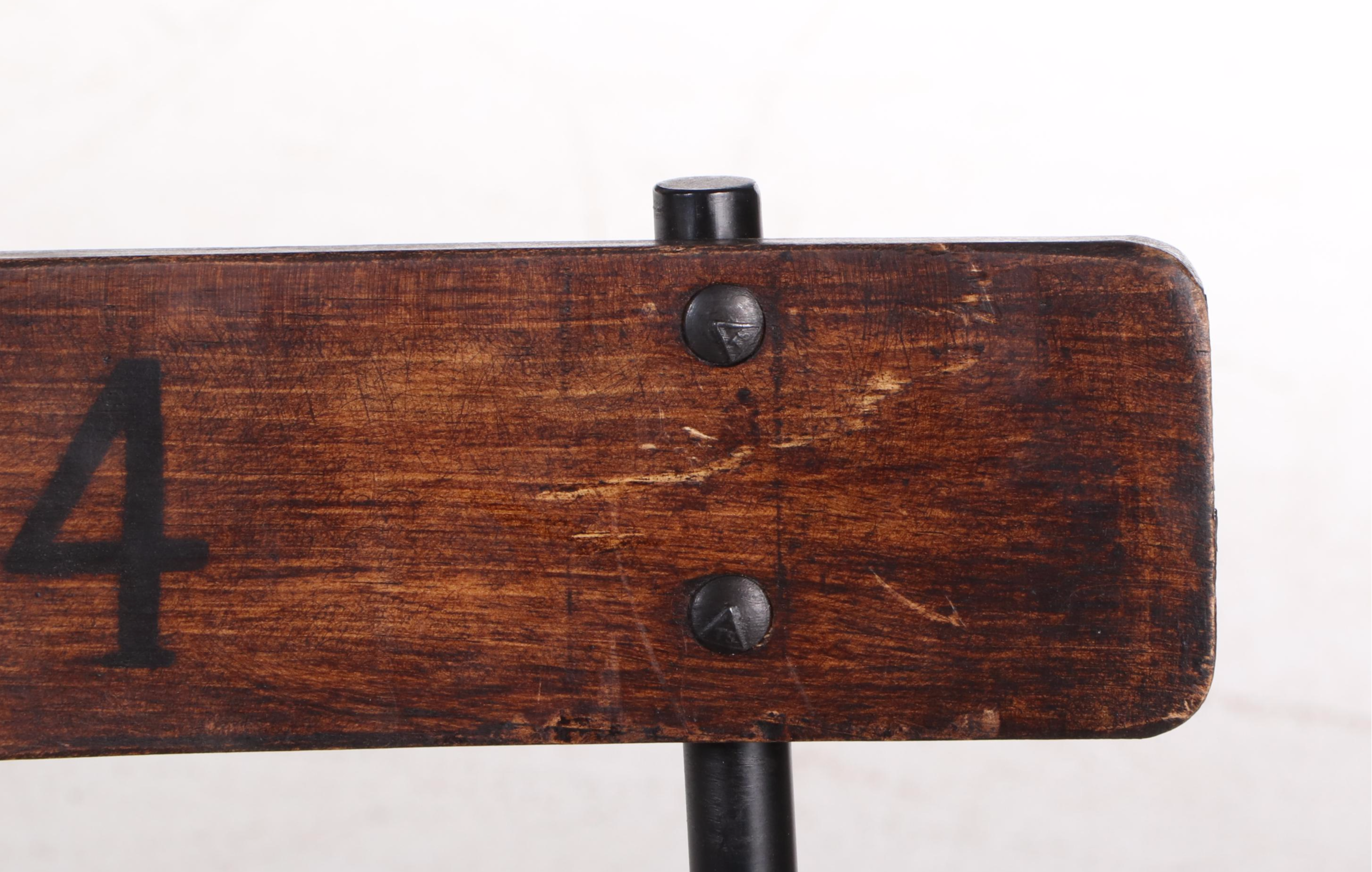 Set of Four Wood Slat and Metal School Chairs, Mid-20th Century