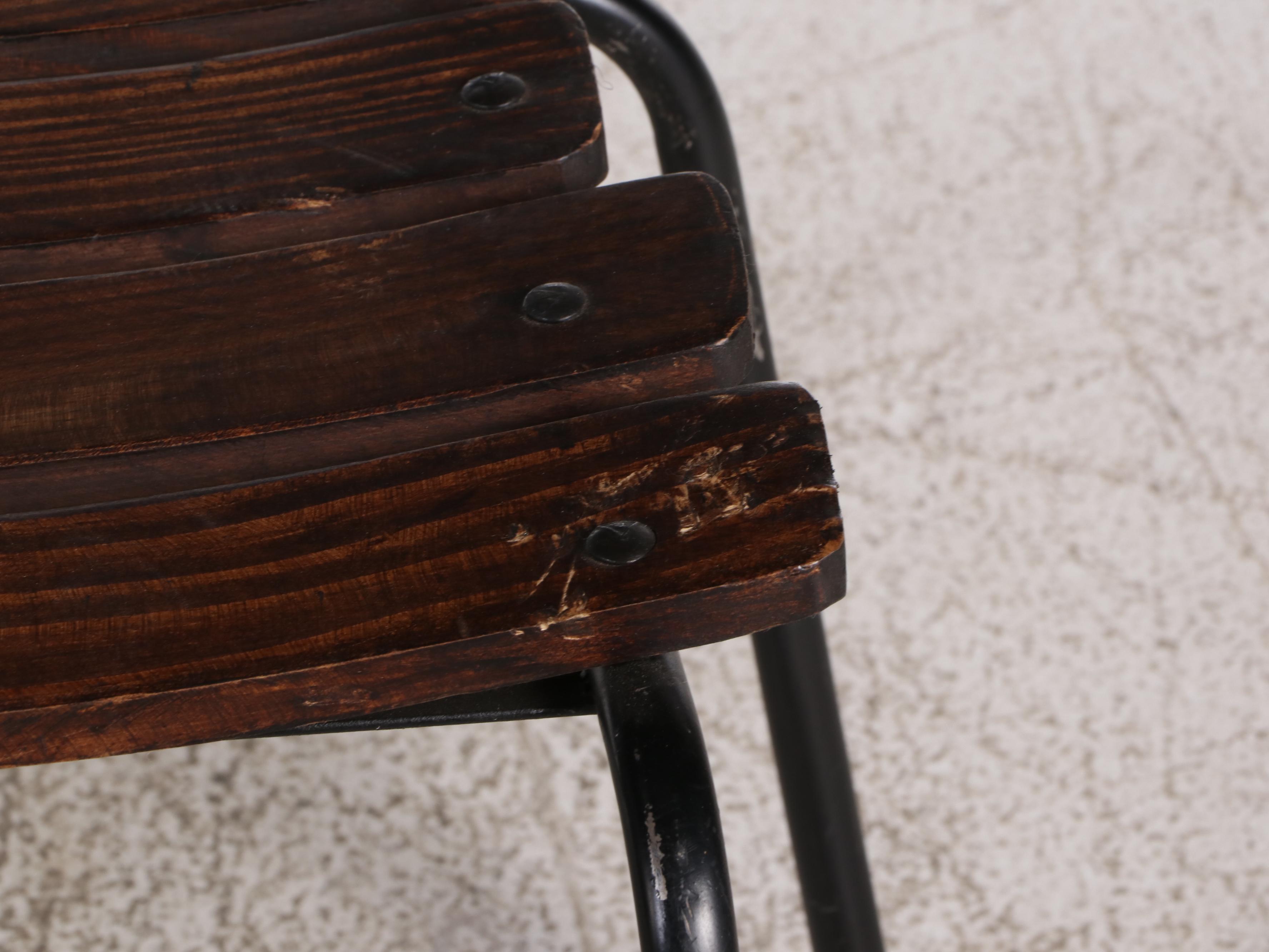 Set of Four Wood Slat and Metal School Chairs, Mid-20th Century