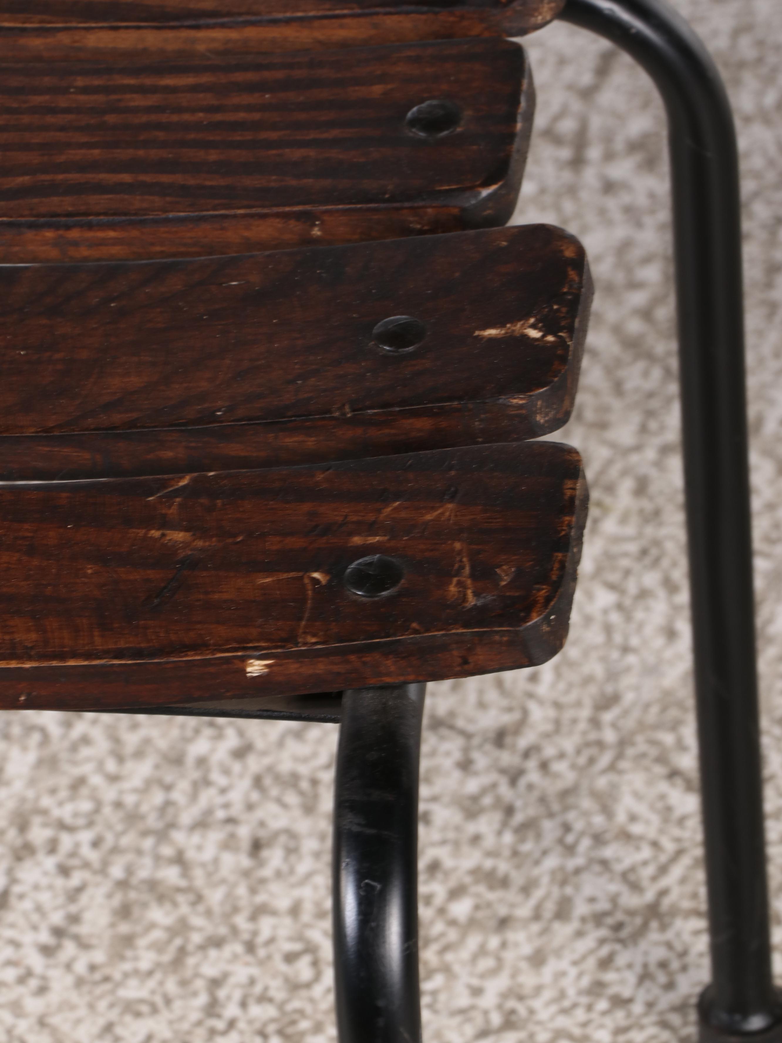 Set of Four Wood Slat and Metal School Chairs, Mid-20th Century