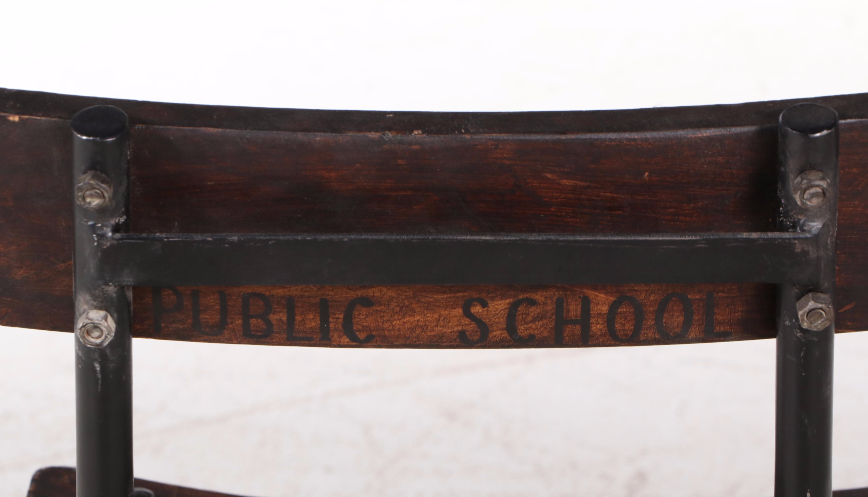 Set of Four Wood Slat and Metal School Chairs, Mid-20th Century