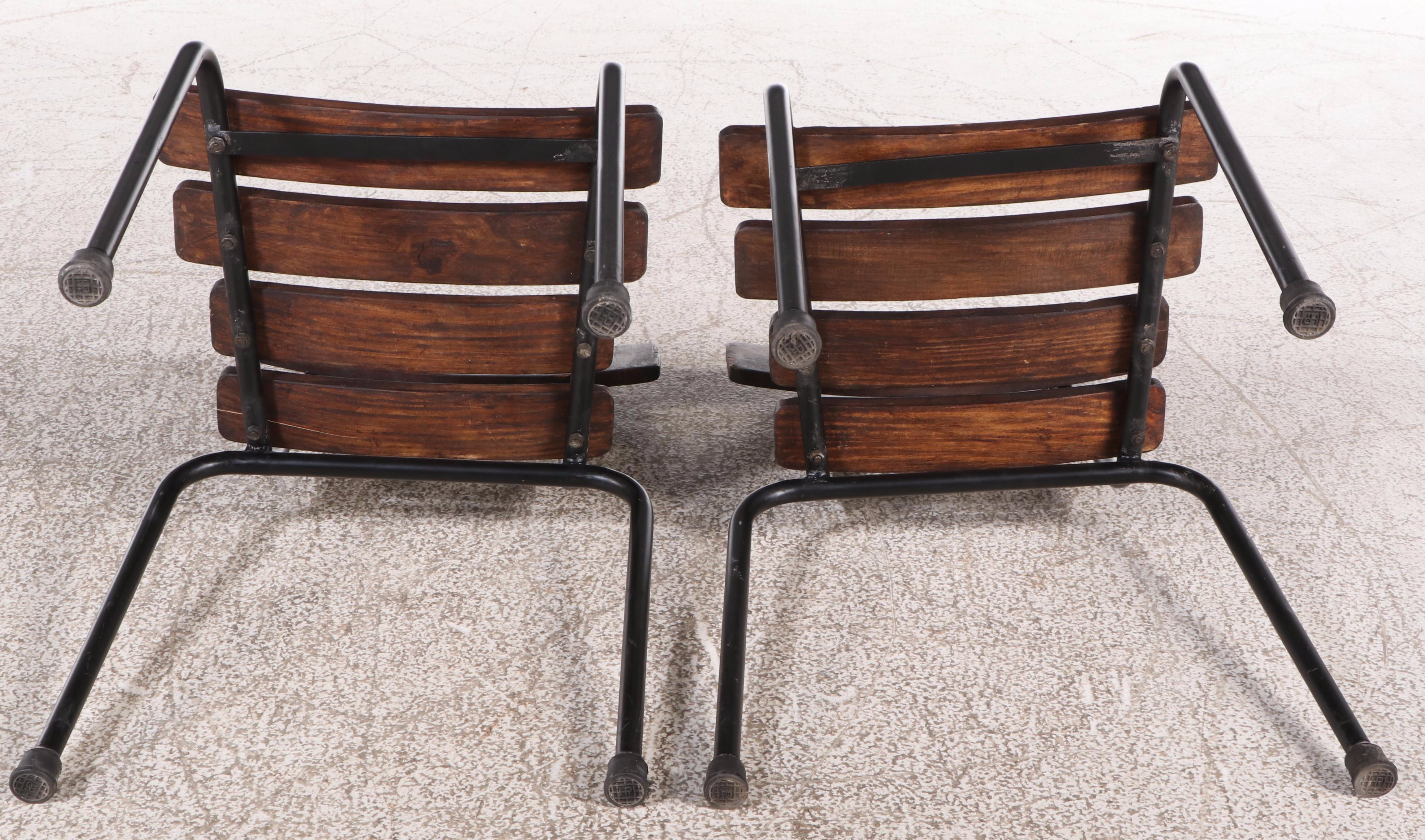 Set of Four Wood Slat and Metal School Chairs, Mid-20th Century