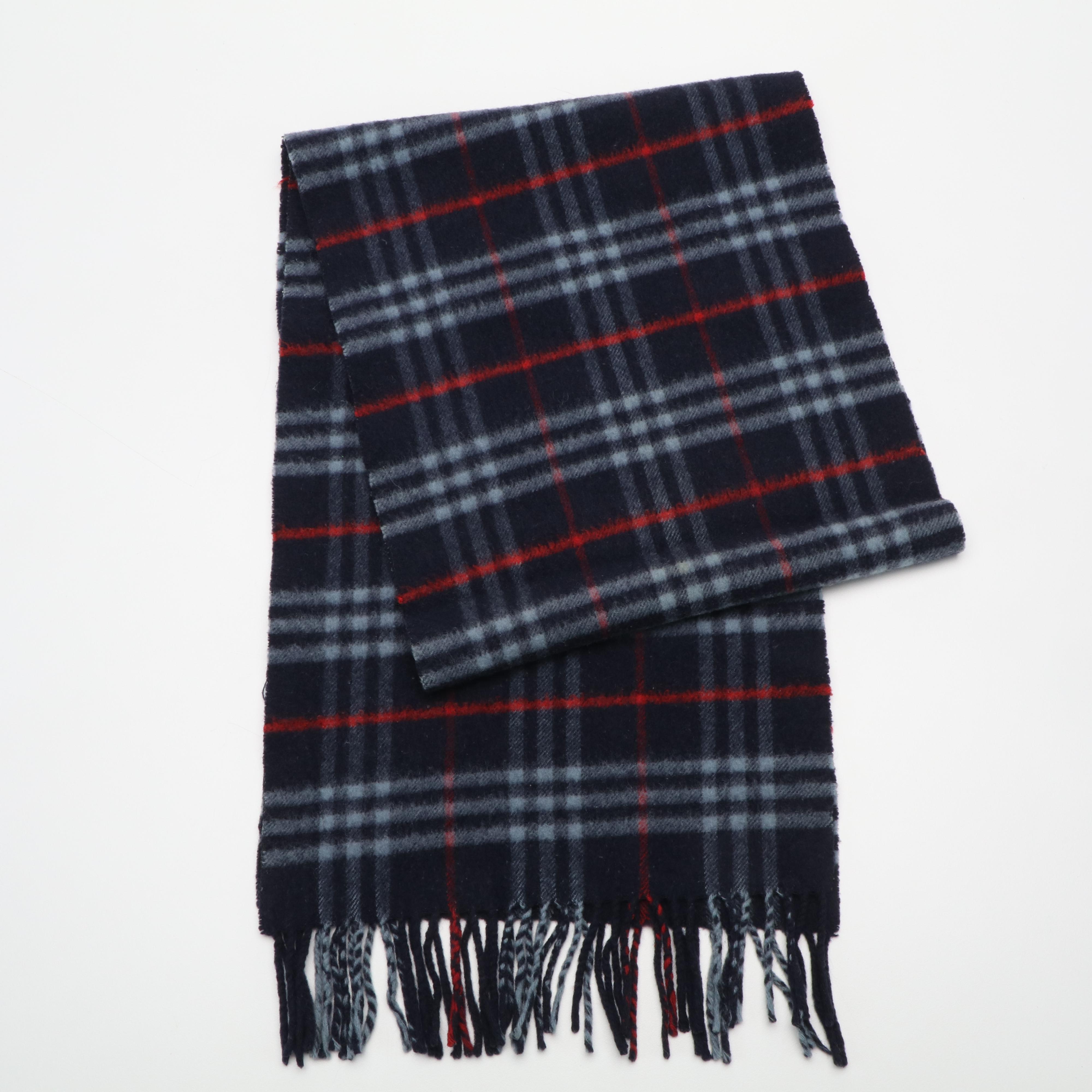 Burberry London Navy Blue Lambswool Fringed Scarf in House Check