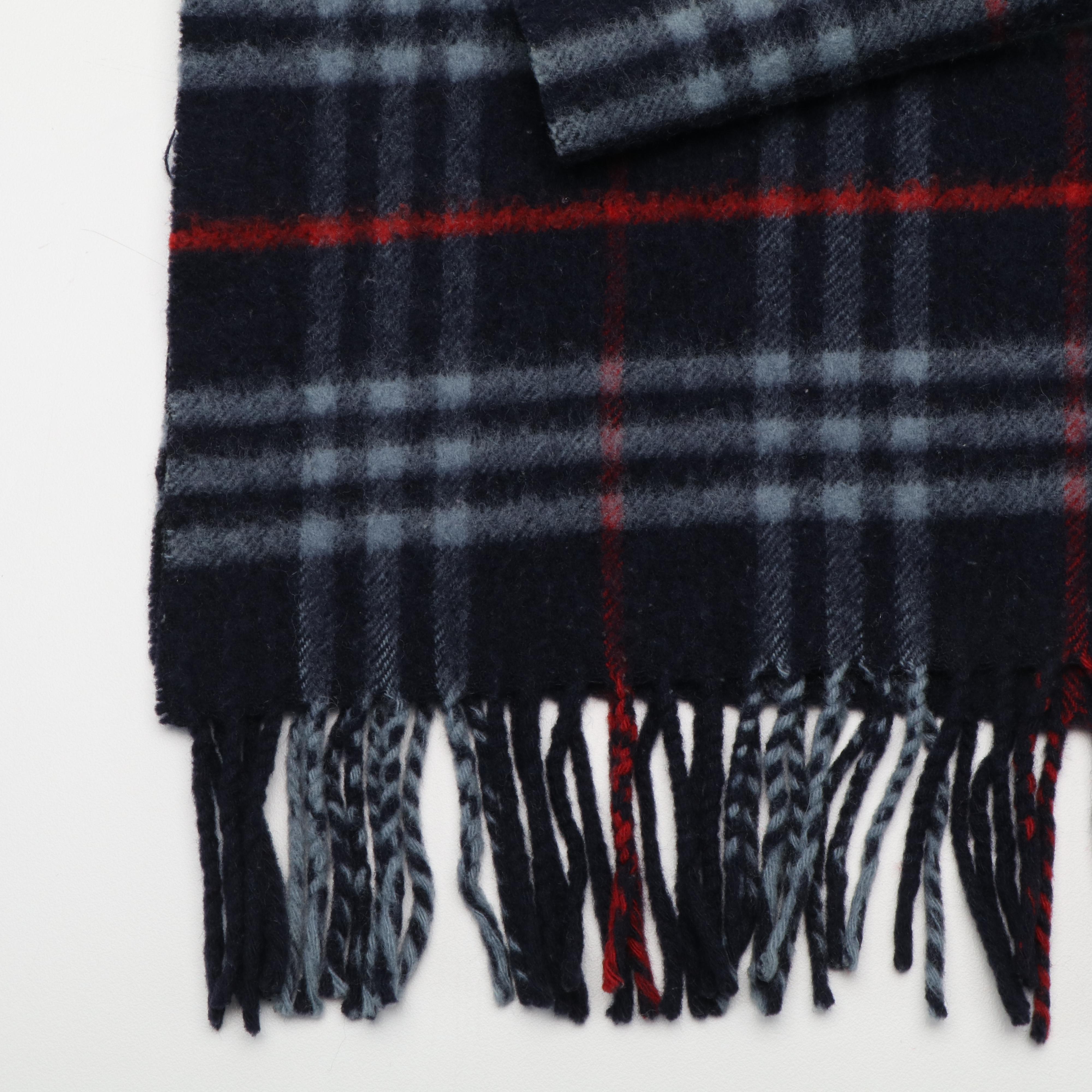 Burberry London Navy Blue Lambswool Fringed Scarf in House Check