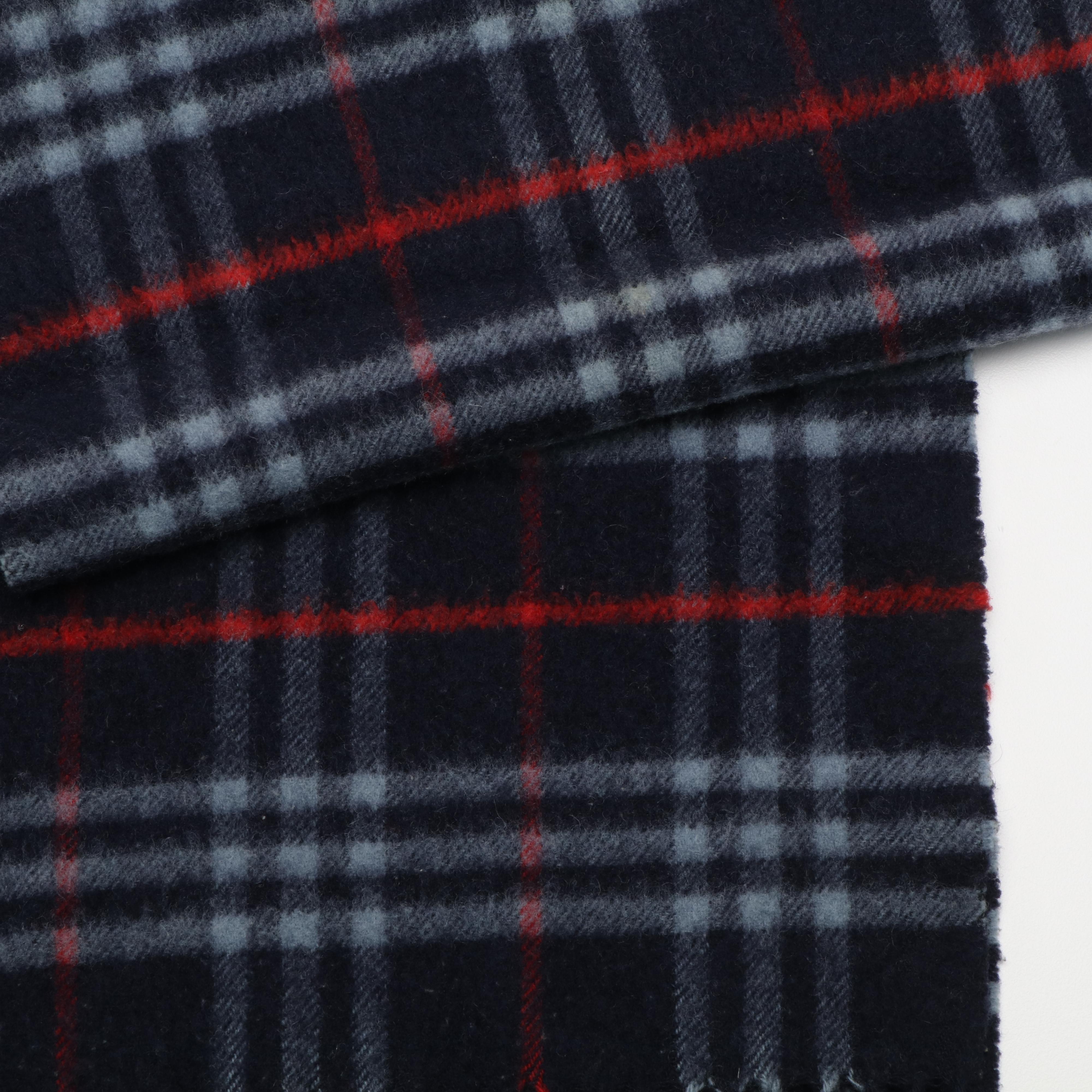 Burberry London Navy Blue Lambswool Fringed Scarf in House Check