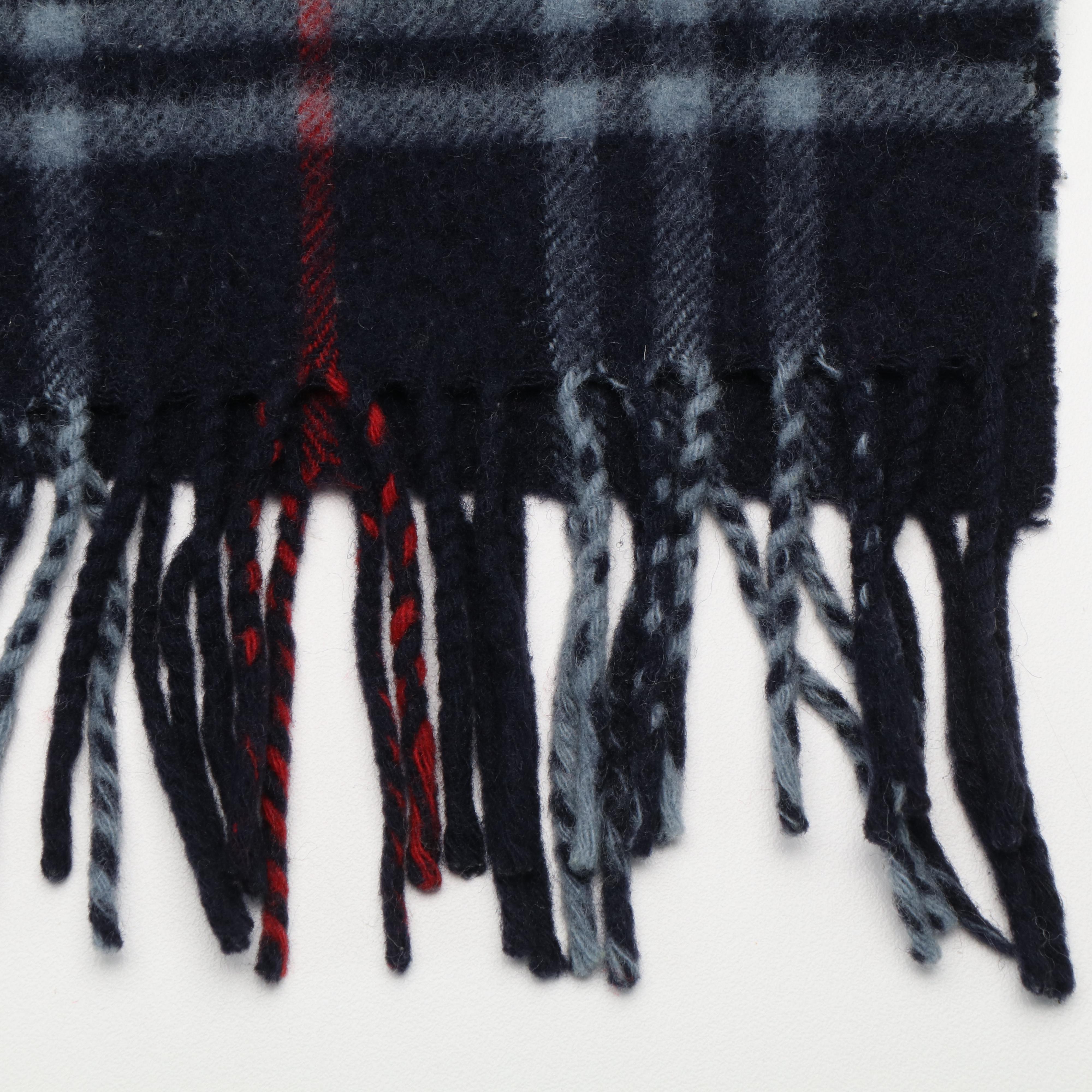 Burberry London Navy Blue Lambswool Fringed Scarf in House Check