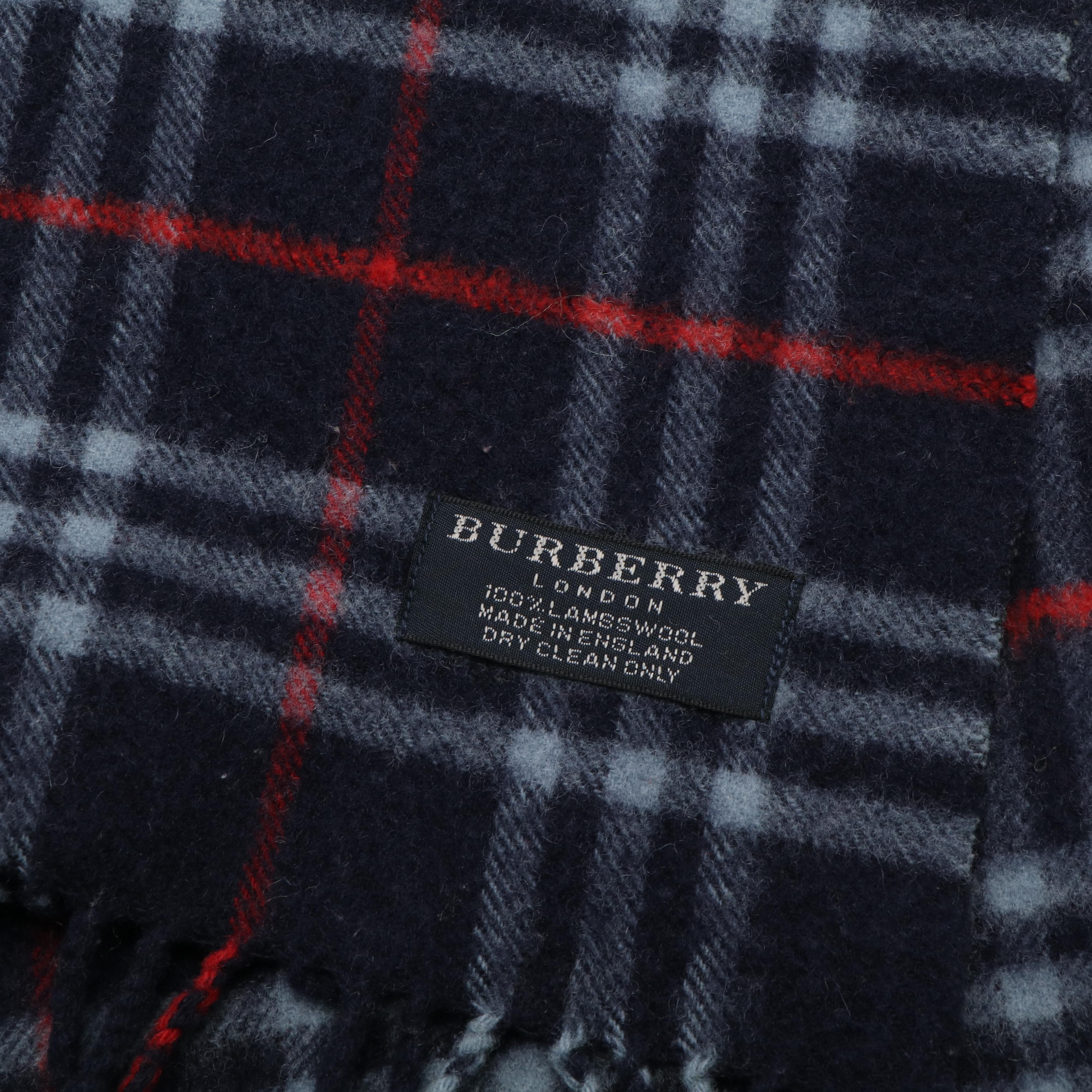 Burberry London Navy Blue Lambswool Fringed Scarf in House Check