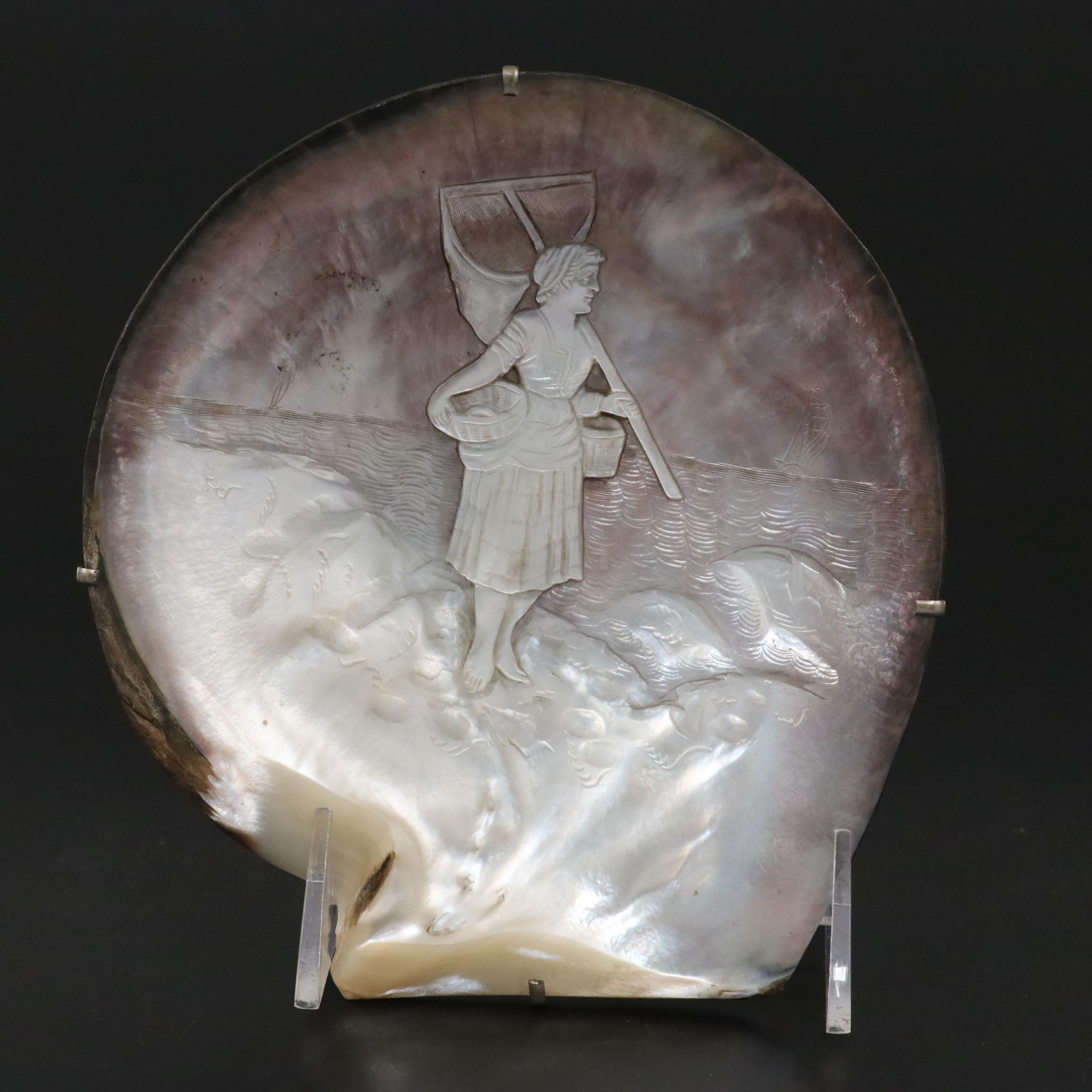 Antique Carved Abalone Shell of Fisherwoman, Late 19th Century
