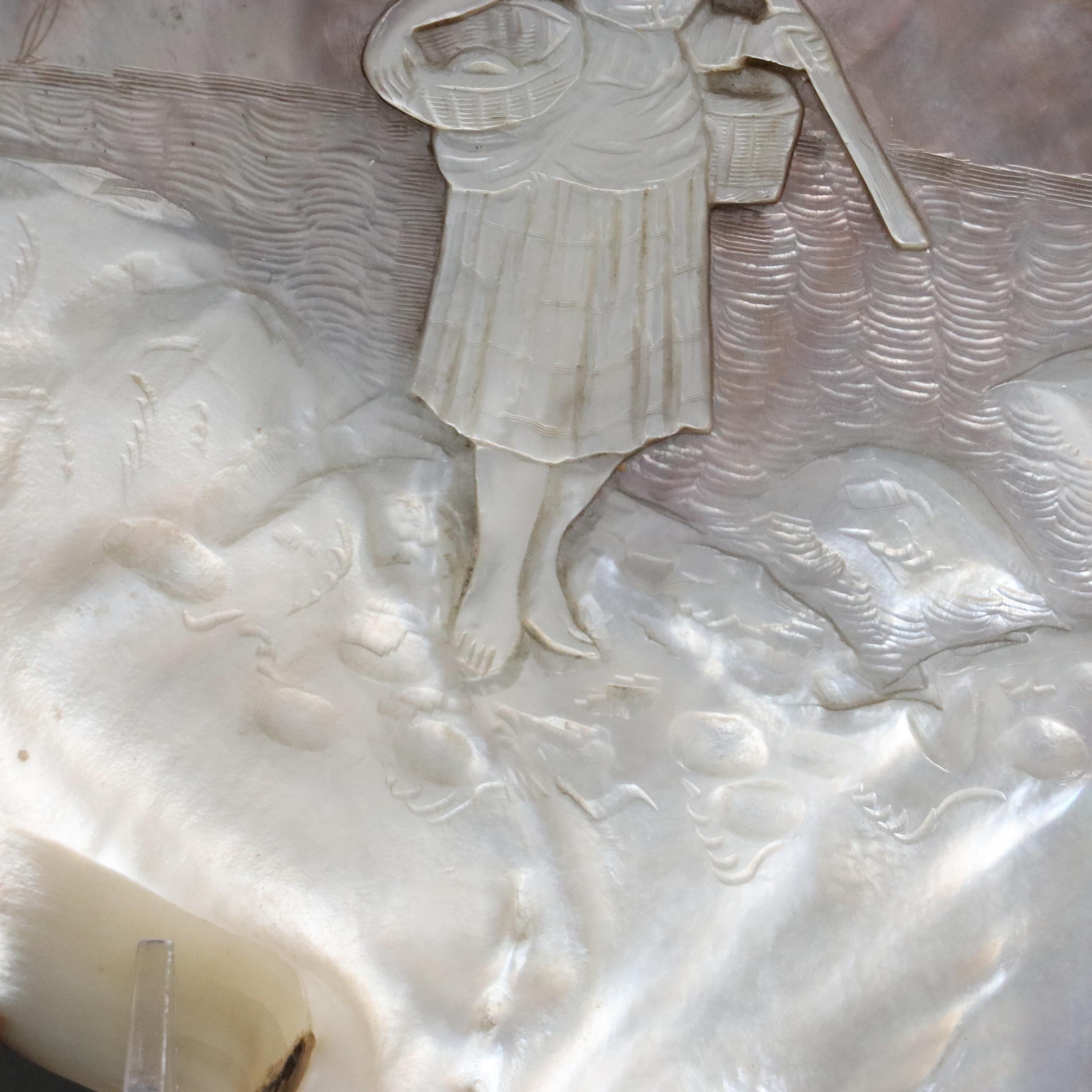 Antique Carved Abalone Shell of Fisherwoman, Late 19th Century