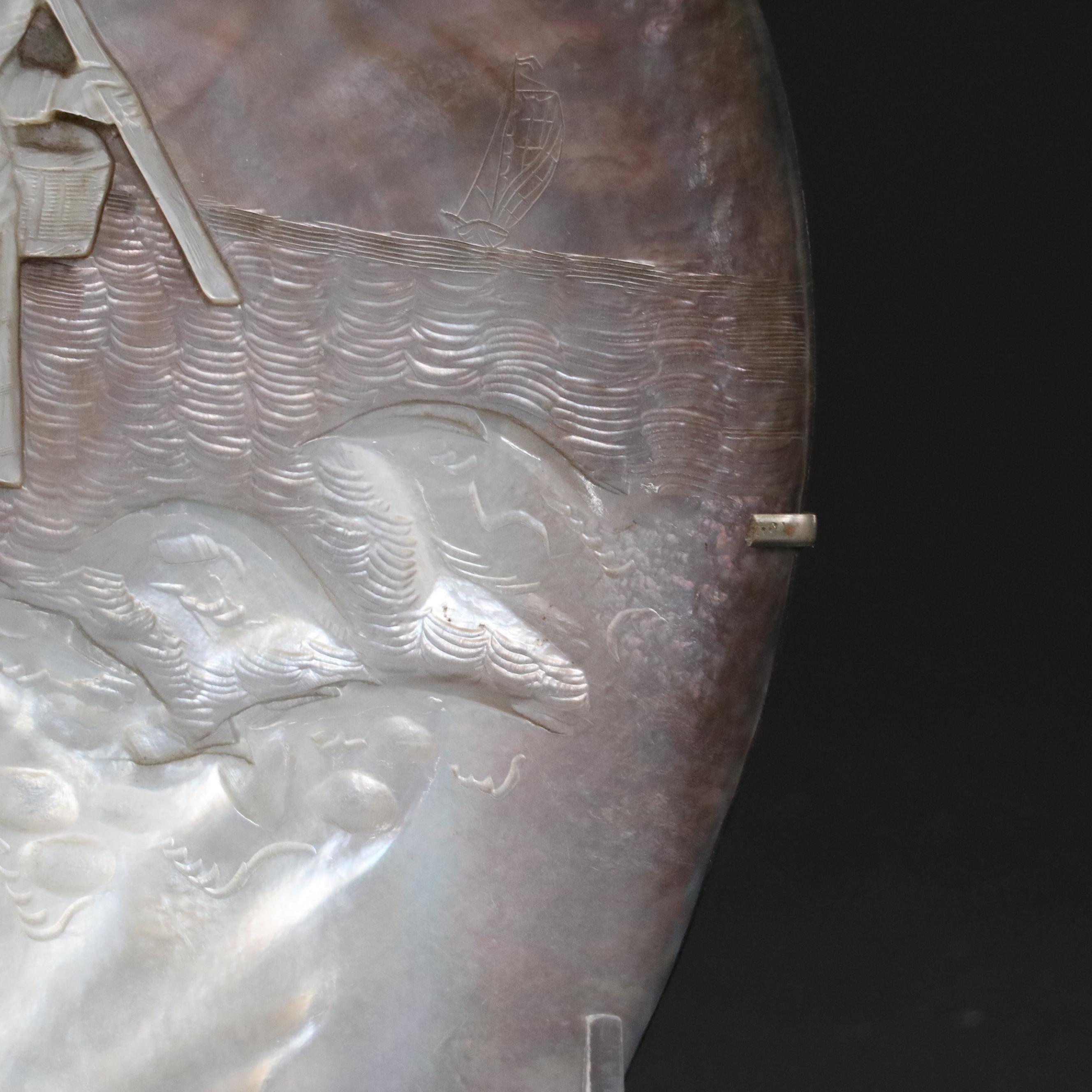 Antique Carved Abalone Shell of Fisherwoman, Late 19th Century