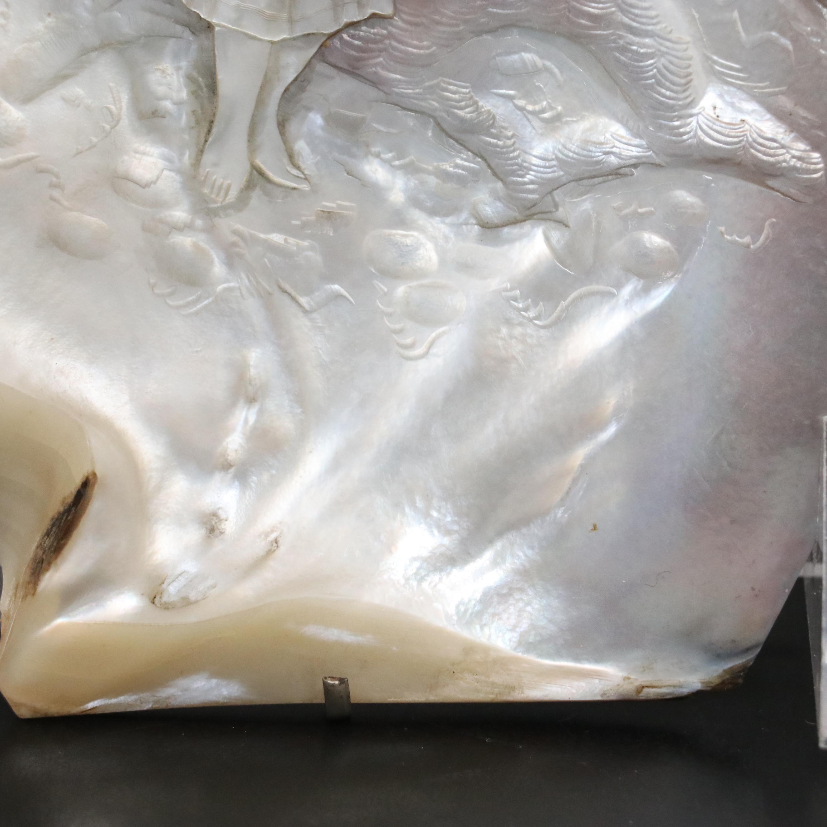 Antique Carved Abalone Shell of Fisherwoman, Late 19th Century