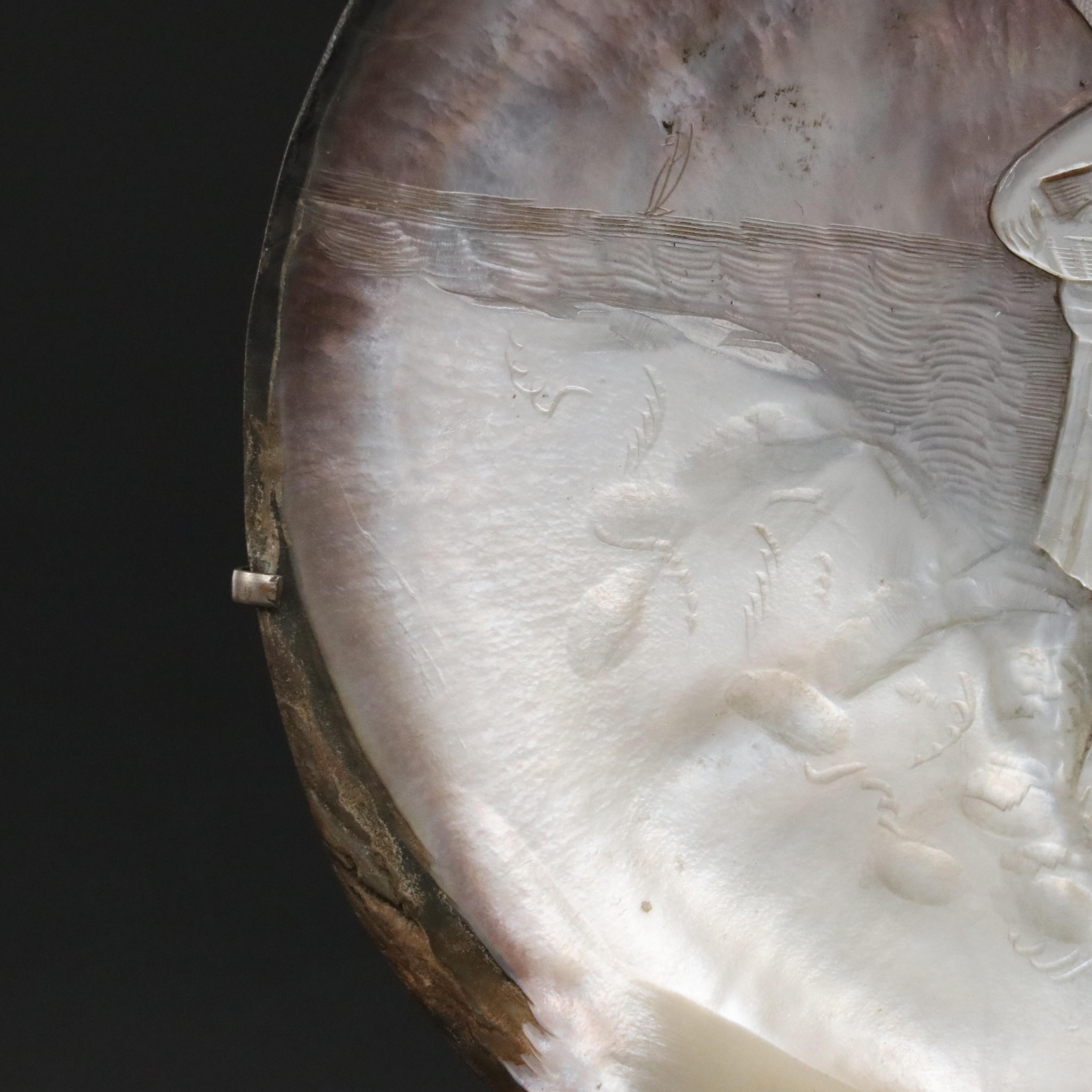 Antique Carved Abalone Shell of Fisherwoman, Late 19th Century