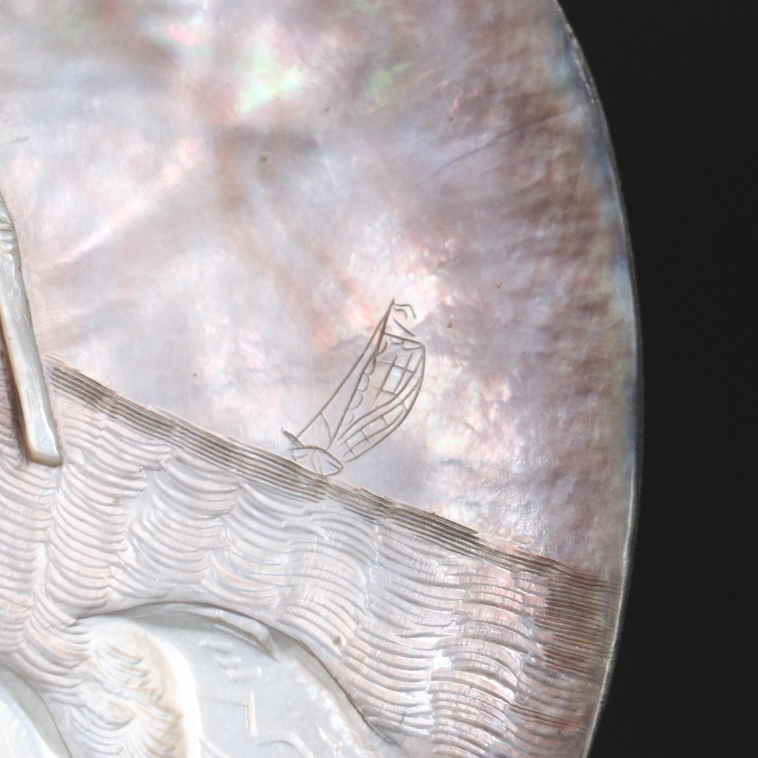 Antique Carved Abalone Shell of Fisherwoman, Late 19th Century