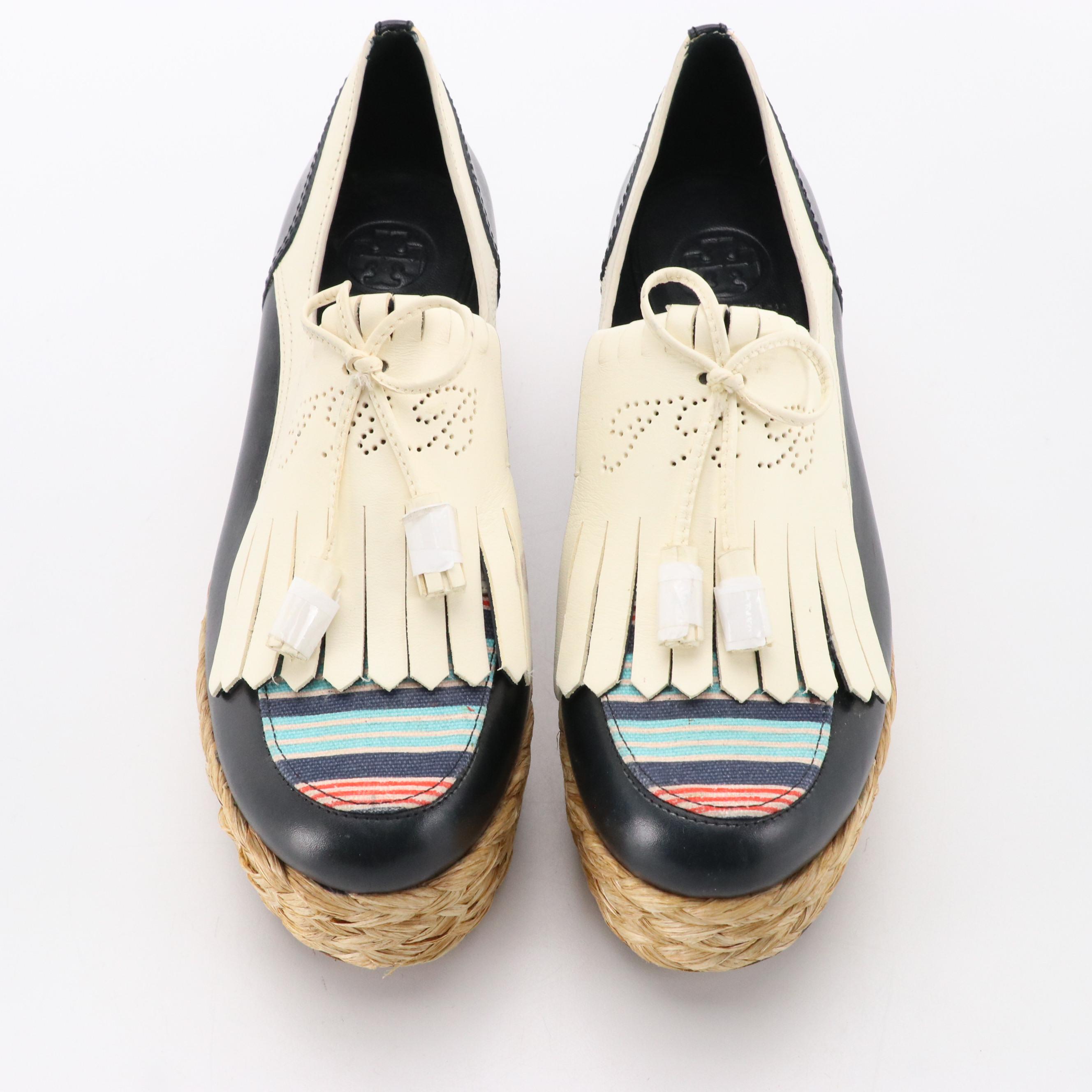 Tory Burch Ruth Kiltie Platform Loafers in Navy and White Leather