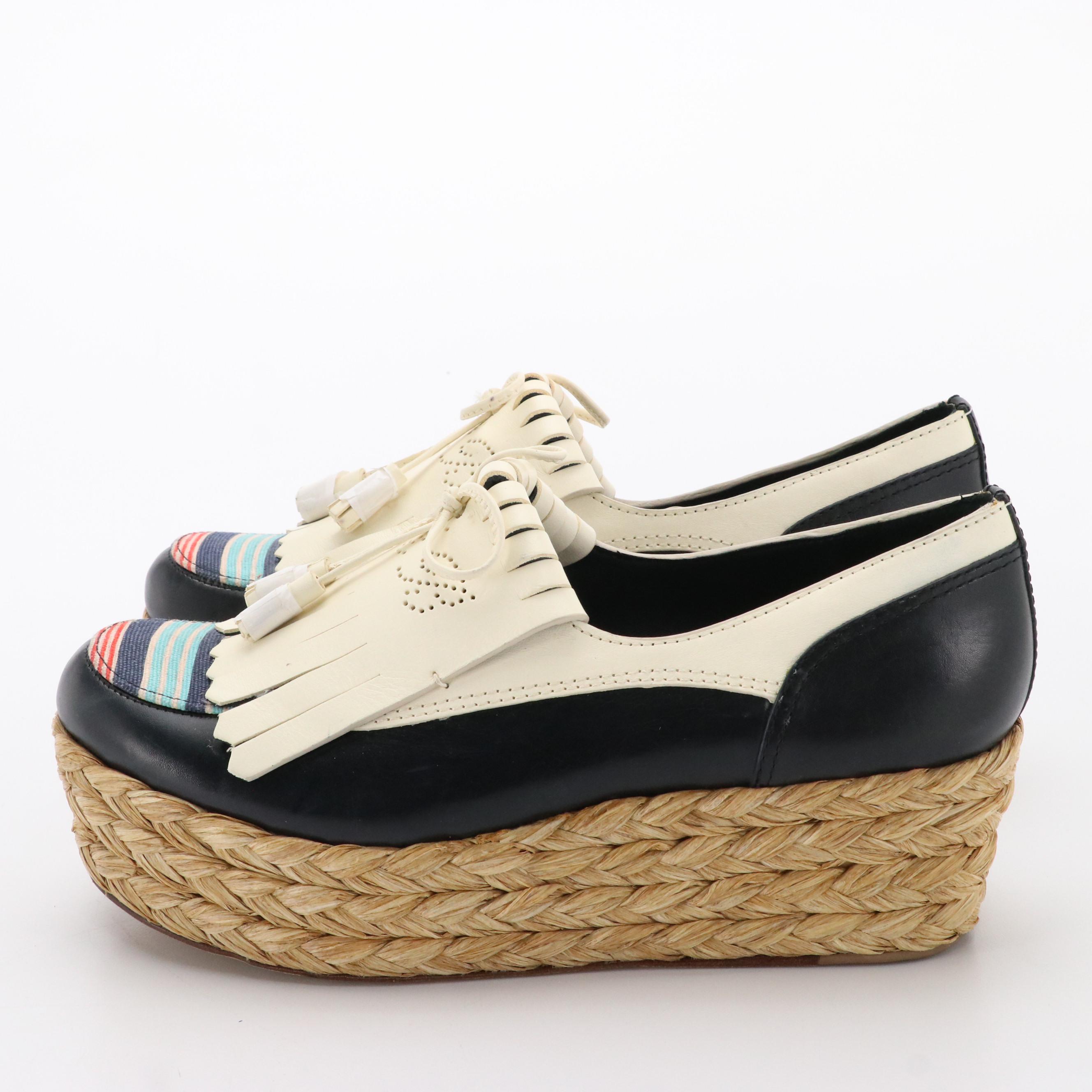 Tory Burch Ruth Kiltie Platform Loafers in Navy and White Leather