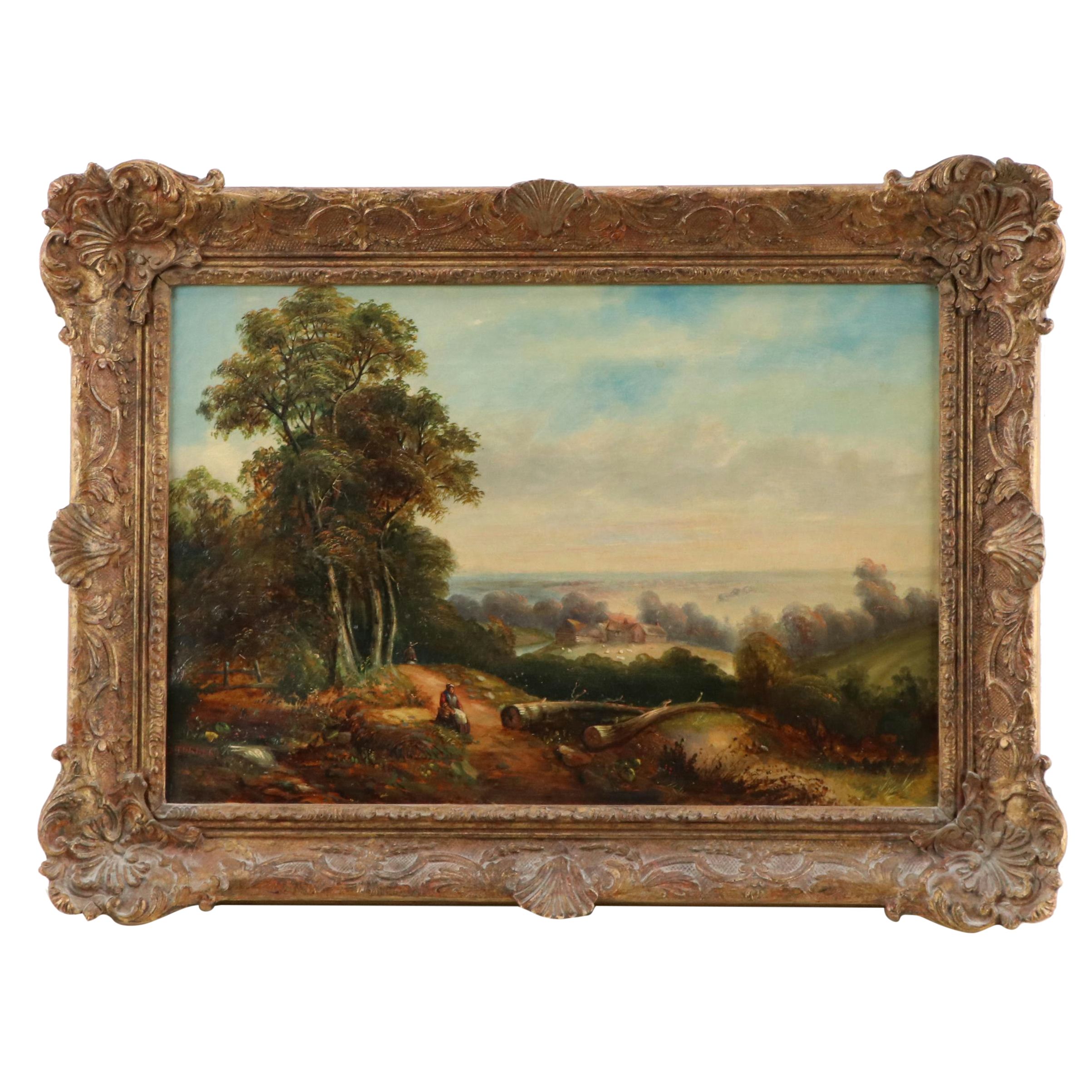 Manner of George Turner Landscape Oil Painting of a Wooded Clearing Scene