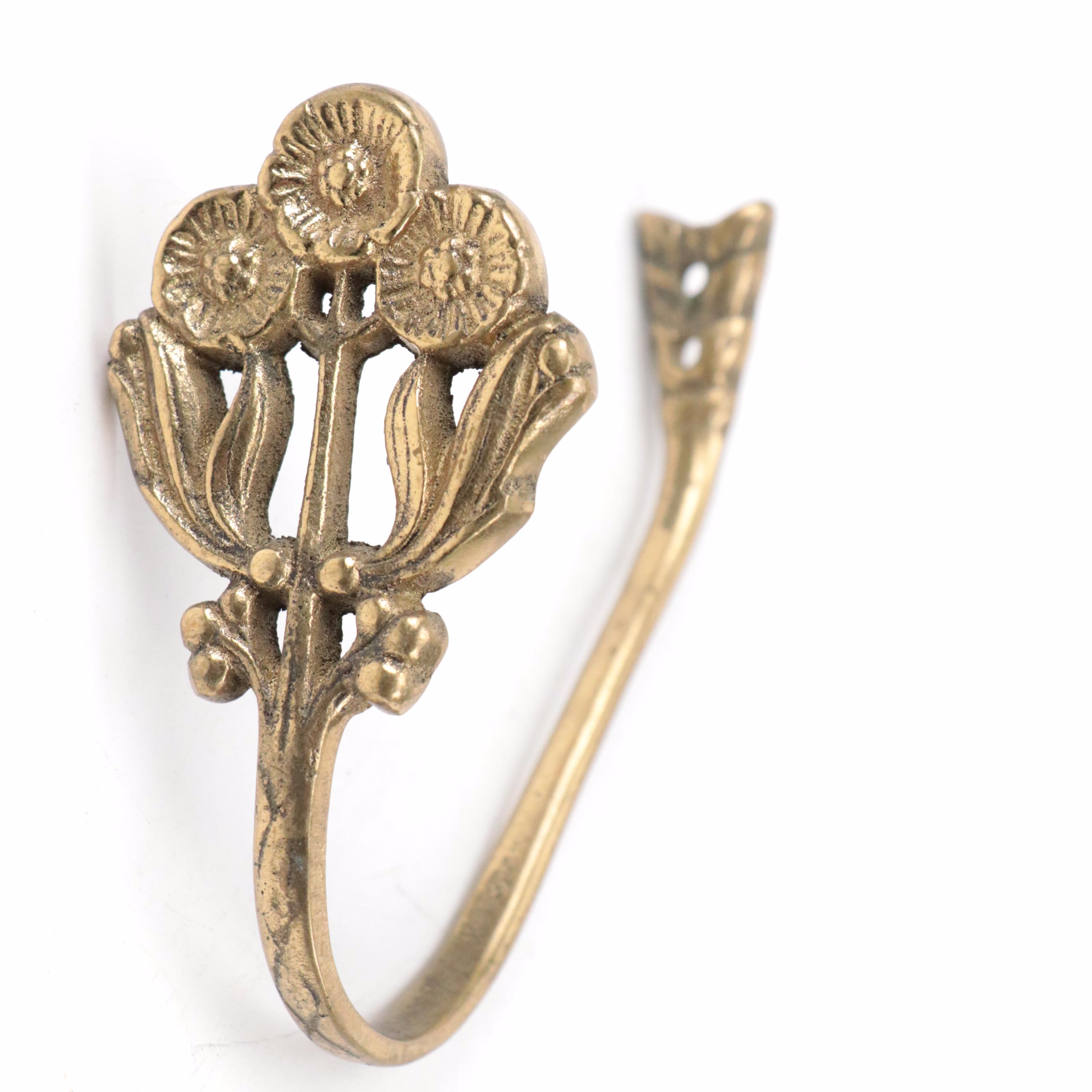 Victorian Floral Brass Curtain Tiebacks with Buffalo Dye Stamp and Brass Eagle