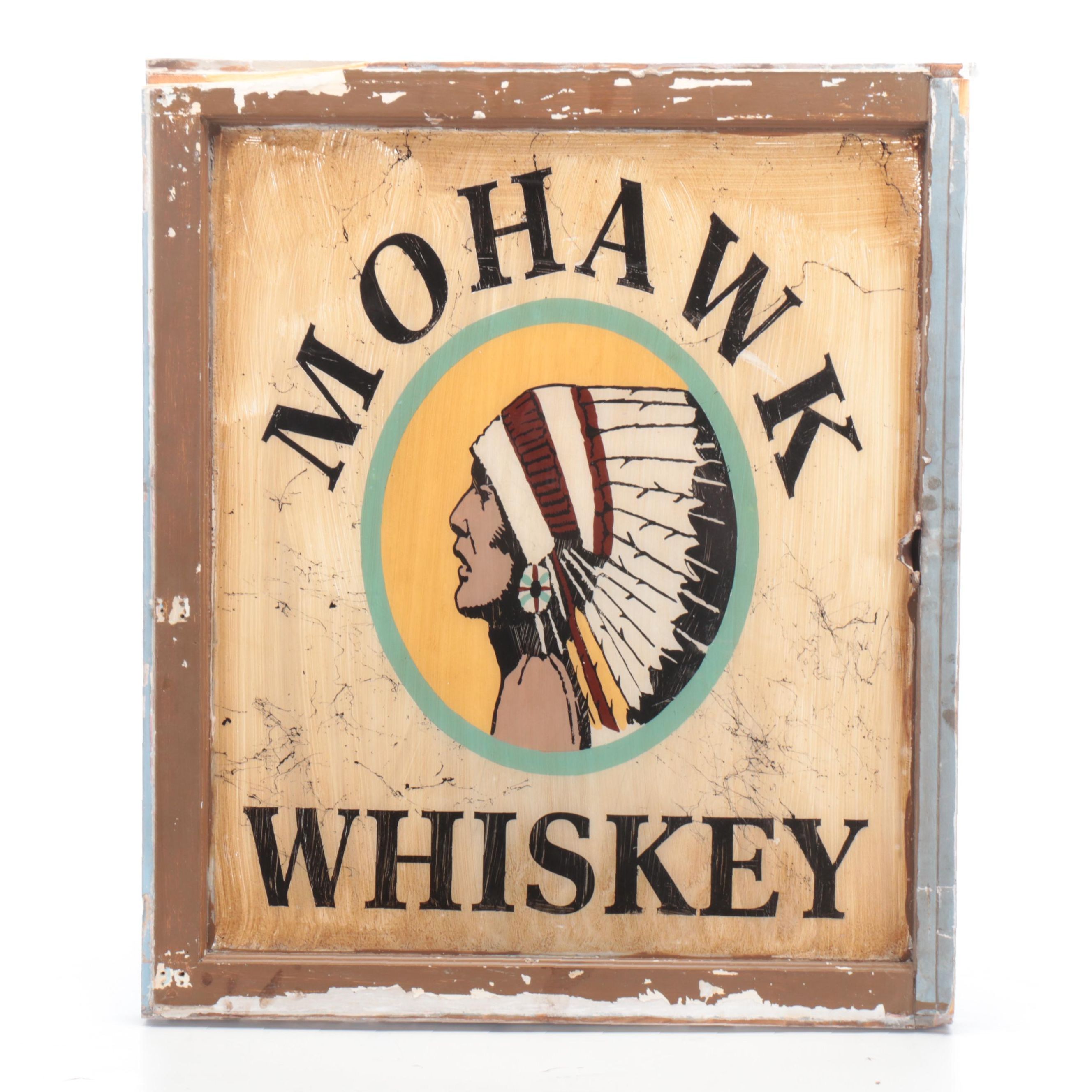 Mohawk Whiskey Reverse Painted Glass Window Panel Sign, Early to Mid