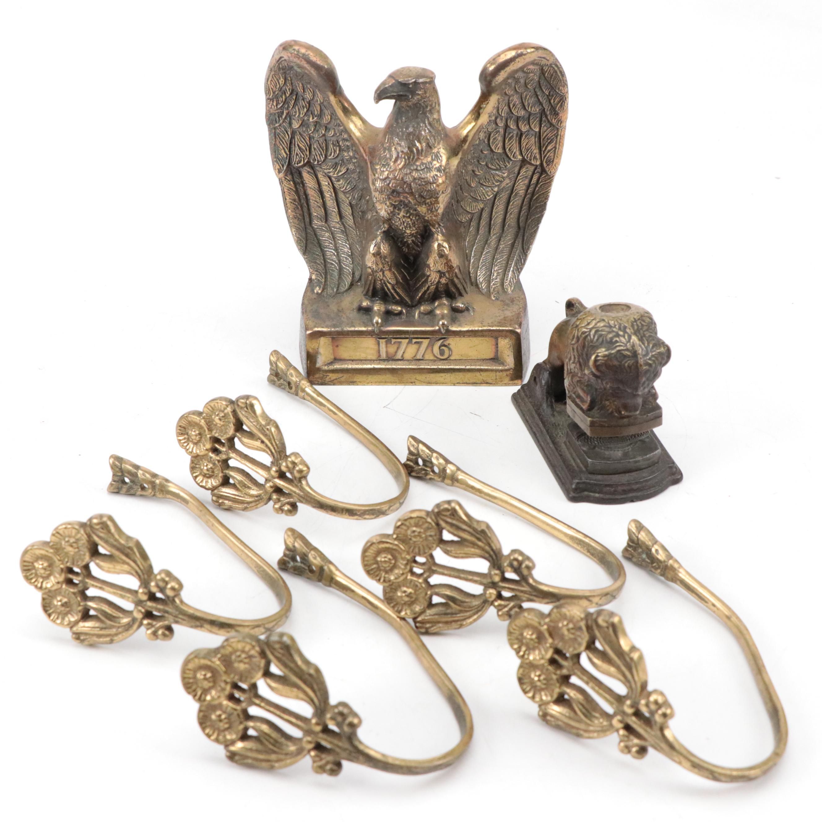 Victorian Floral Brass Curtain Tiebacks with Buffalo Dye Stamp and Brass Eagle