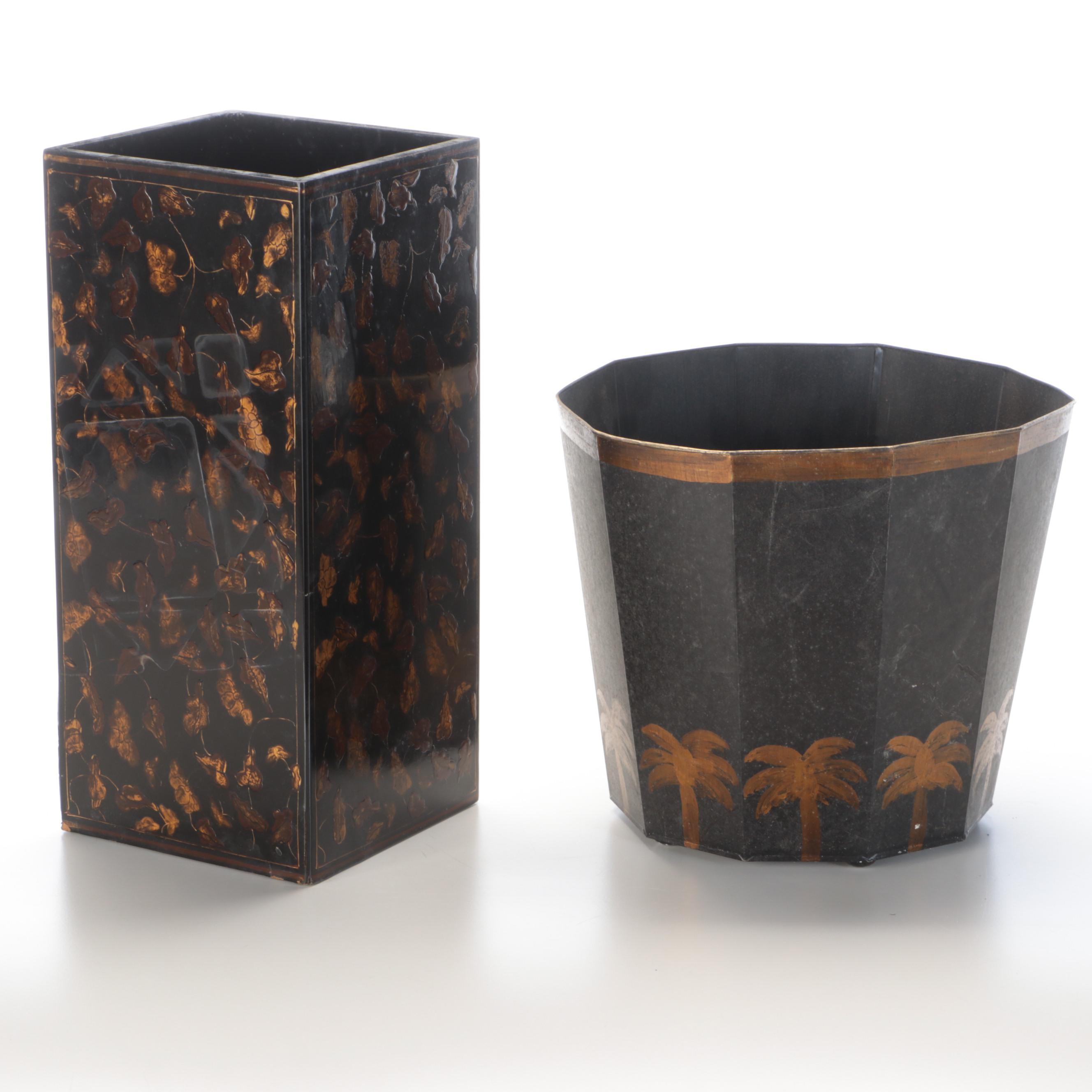 Black Faux Tortoise and Palm Tree Waste Cans