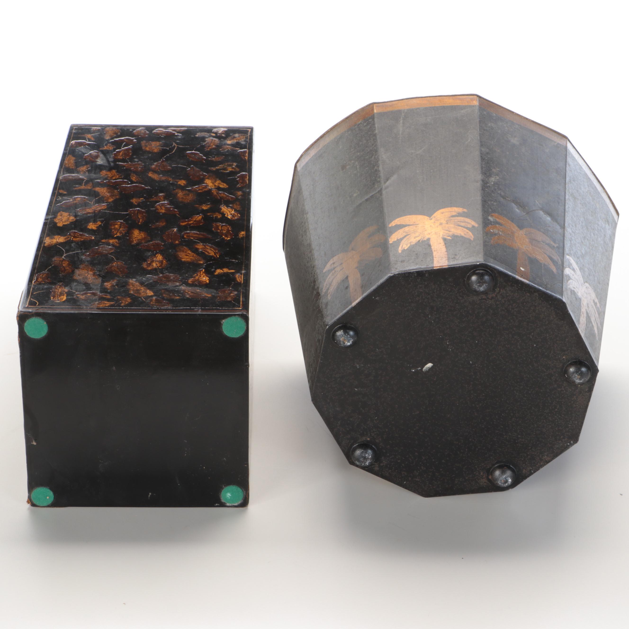Black Faux Tortoise and Palm Tree Waste Cans