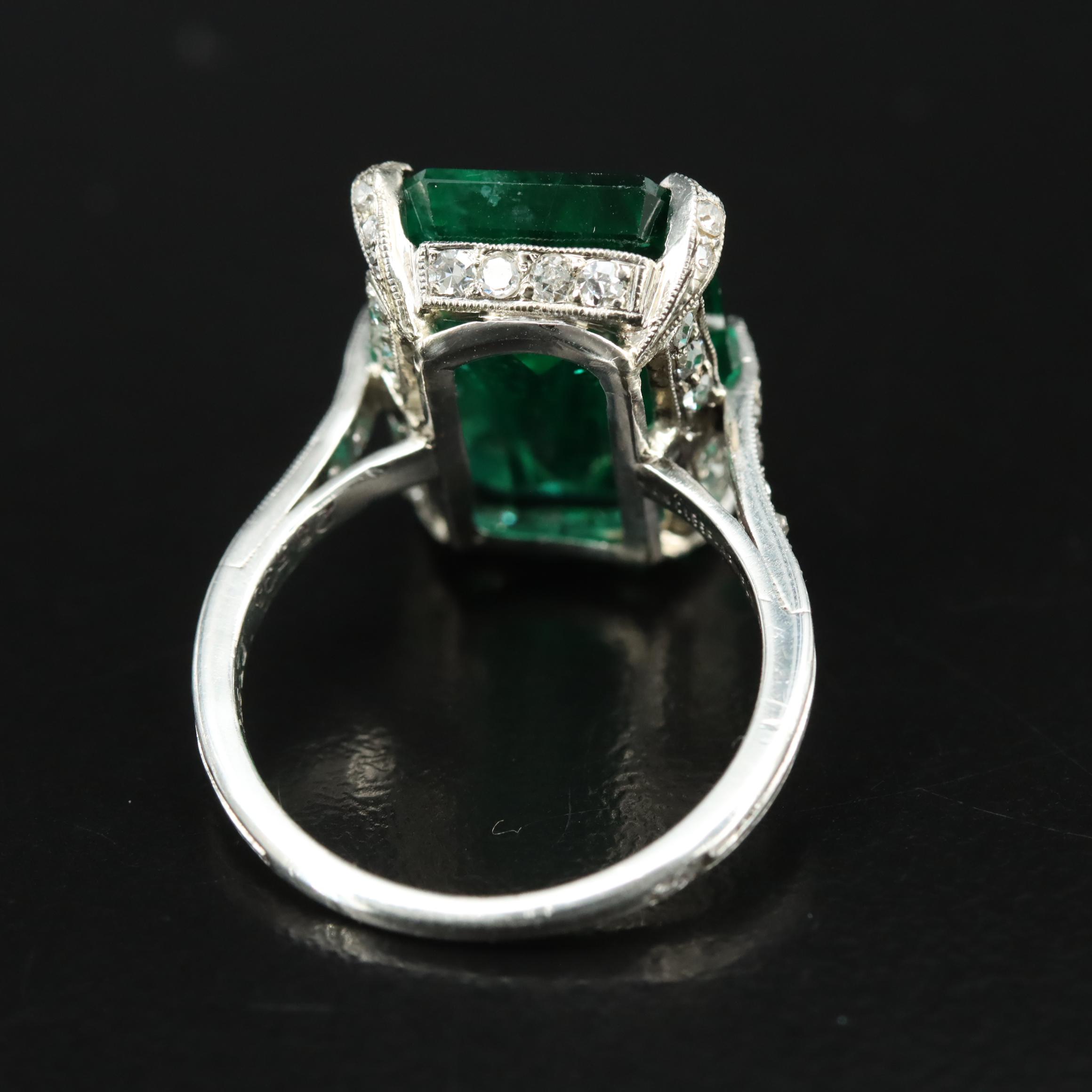 Van Cleef & Arpels Early Art Deco Platinum 7.37 CT Emerald and Diamond Ring