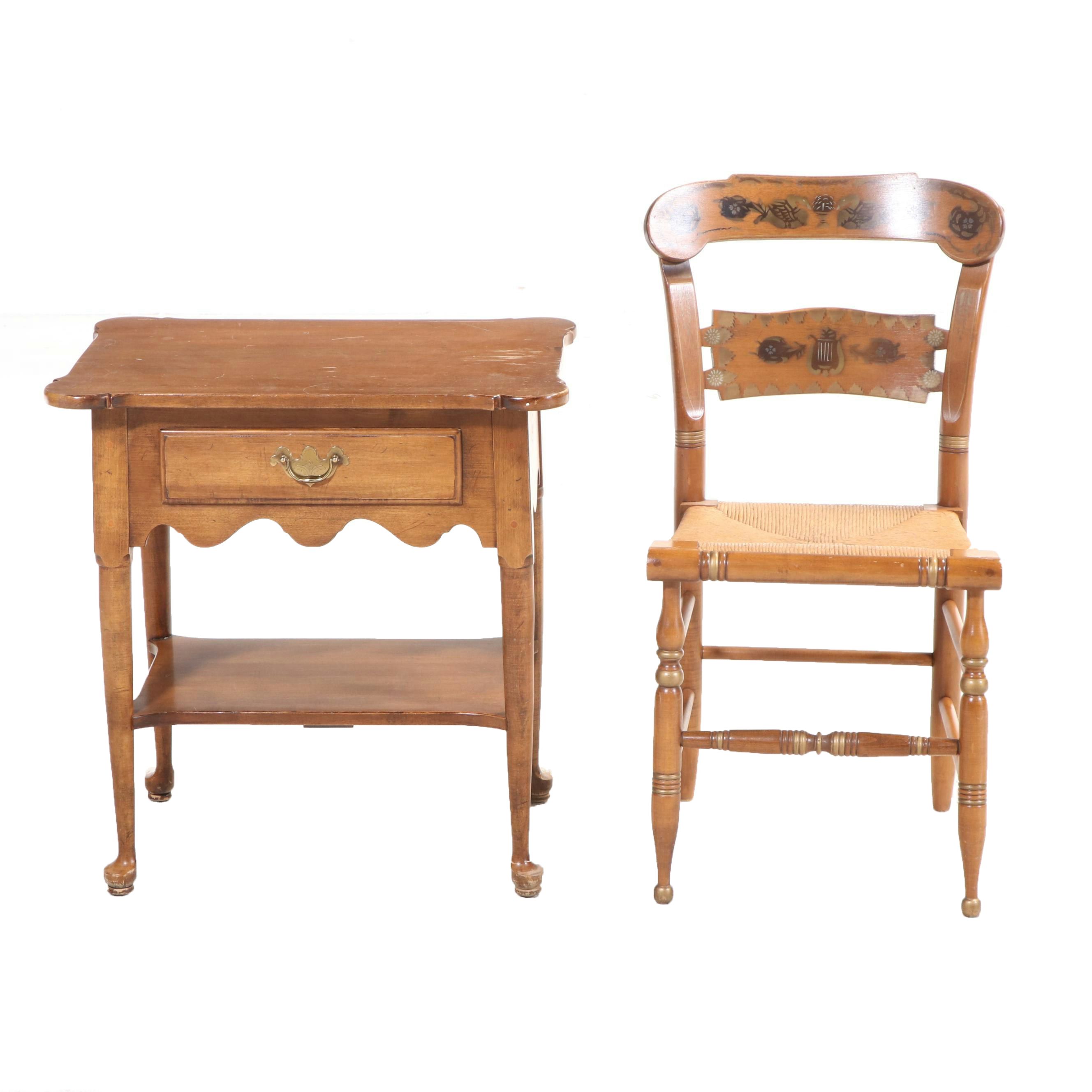 Ethan Allen Queen Anne Style Maple Side Table and Gilt-Stenciled Side Chair