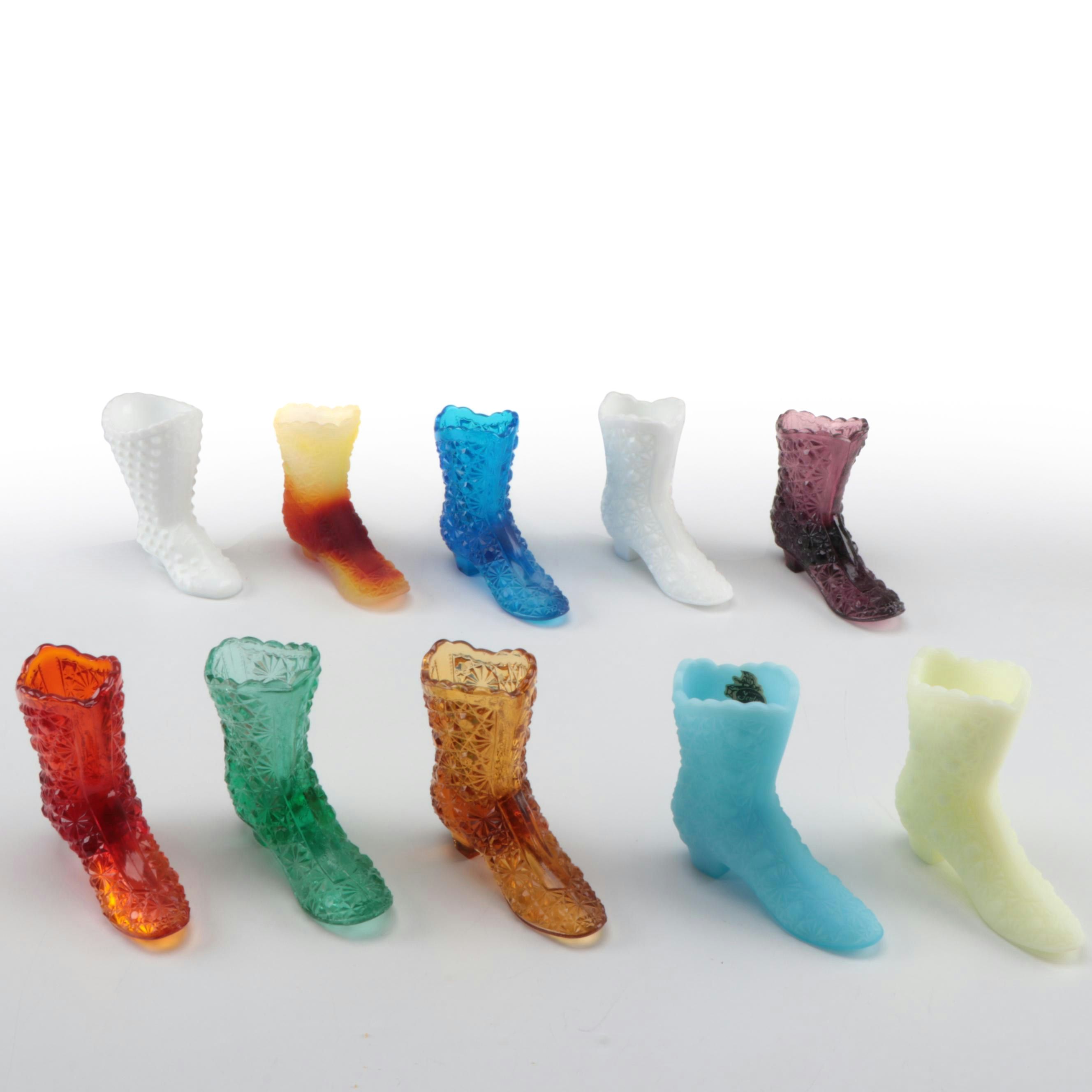 Fenton Daisy and Button and Hobnail Glass Boot Figurines in Assorted Colors