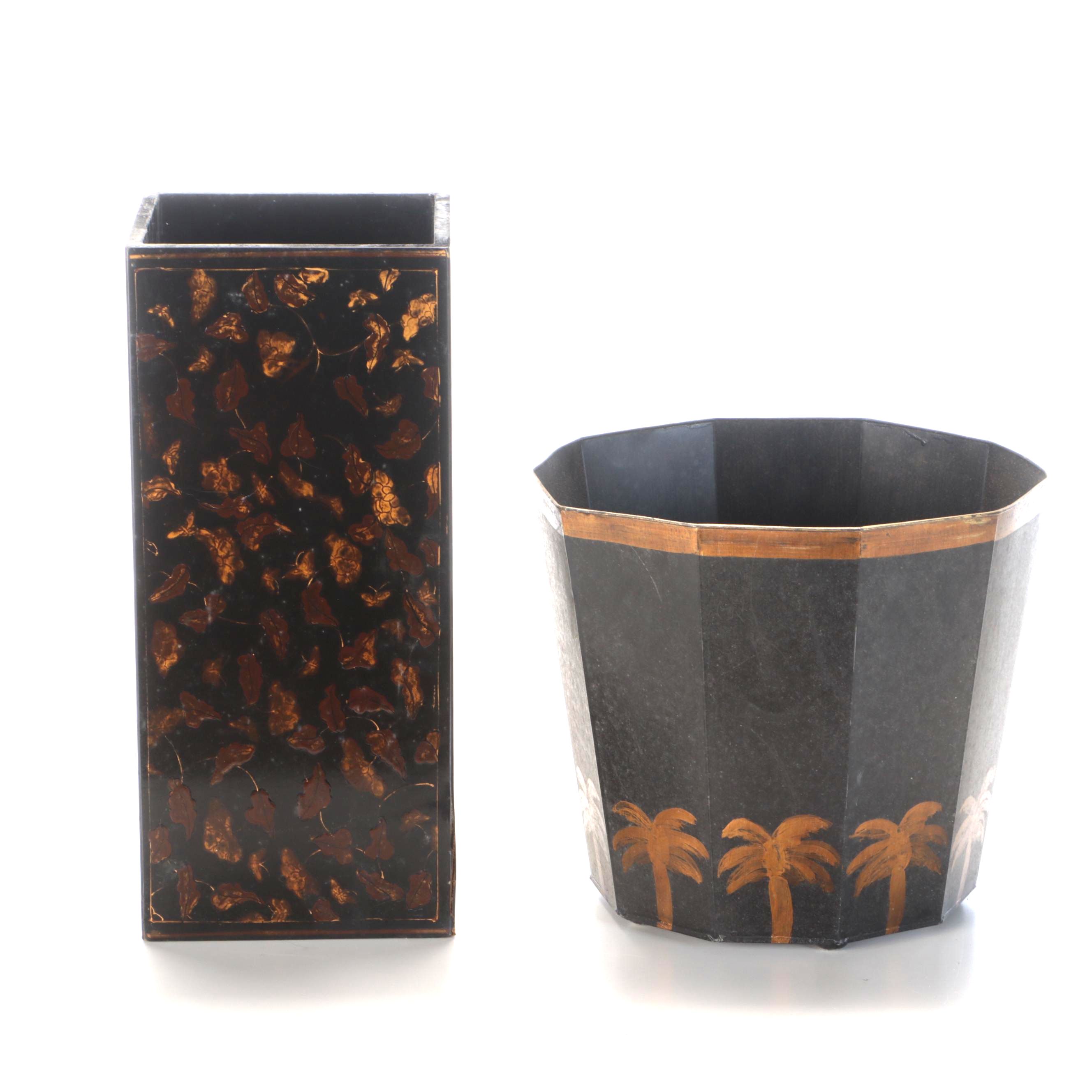 Black Faux Tortoise and Palm Tree Waste Cans