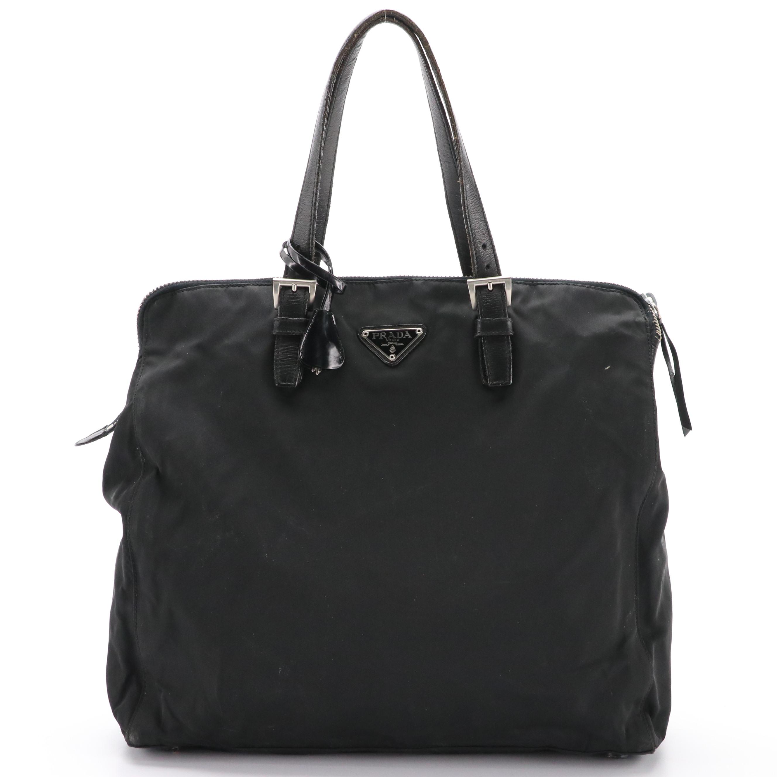 Prada Corner Zip Front Pocket Tote in Nylon and Leather