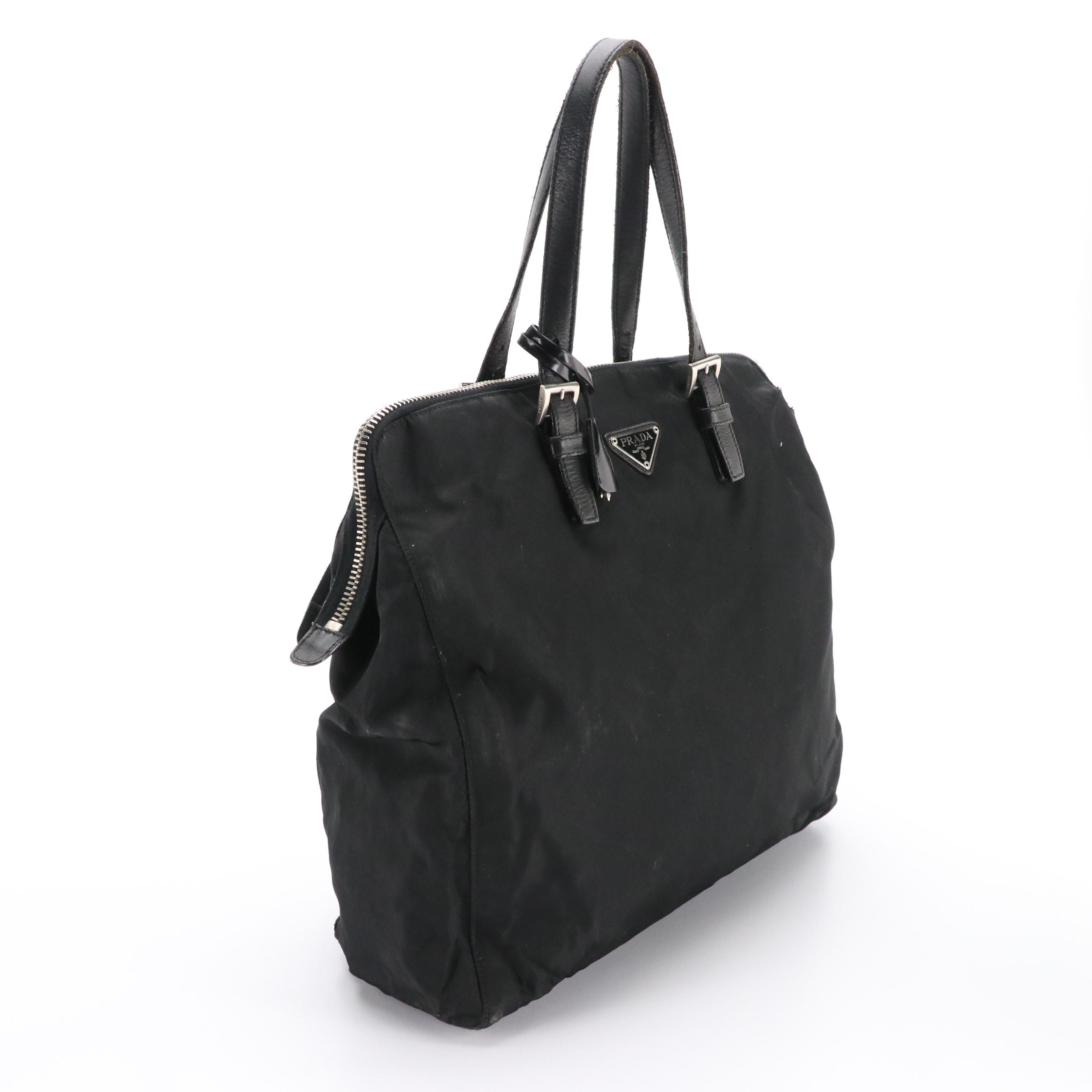 Prada Corner Zip Front Pocket Tote in Nylon and Leather