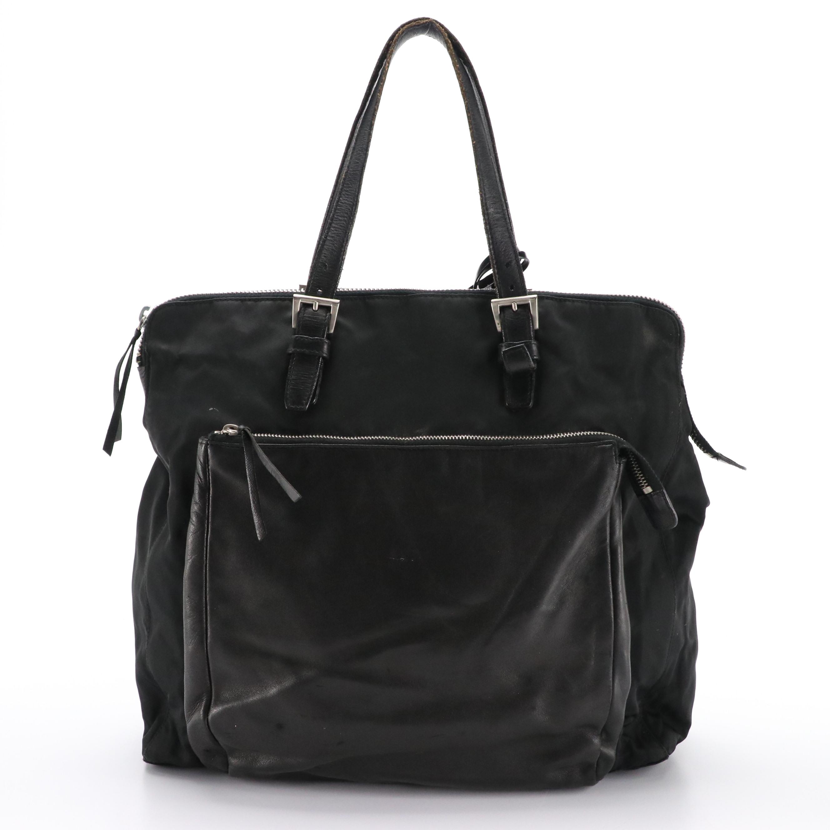 Prada Corner Zip Front Pocket Tote in Nylon and Leather