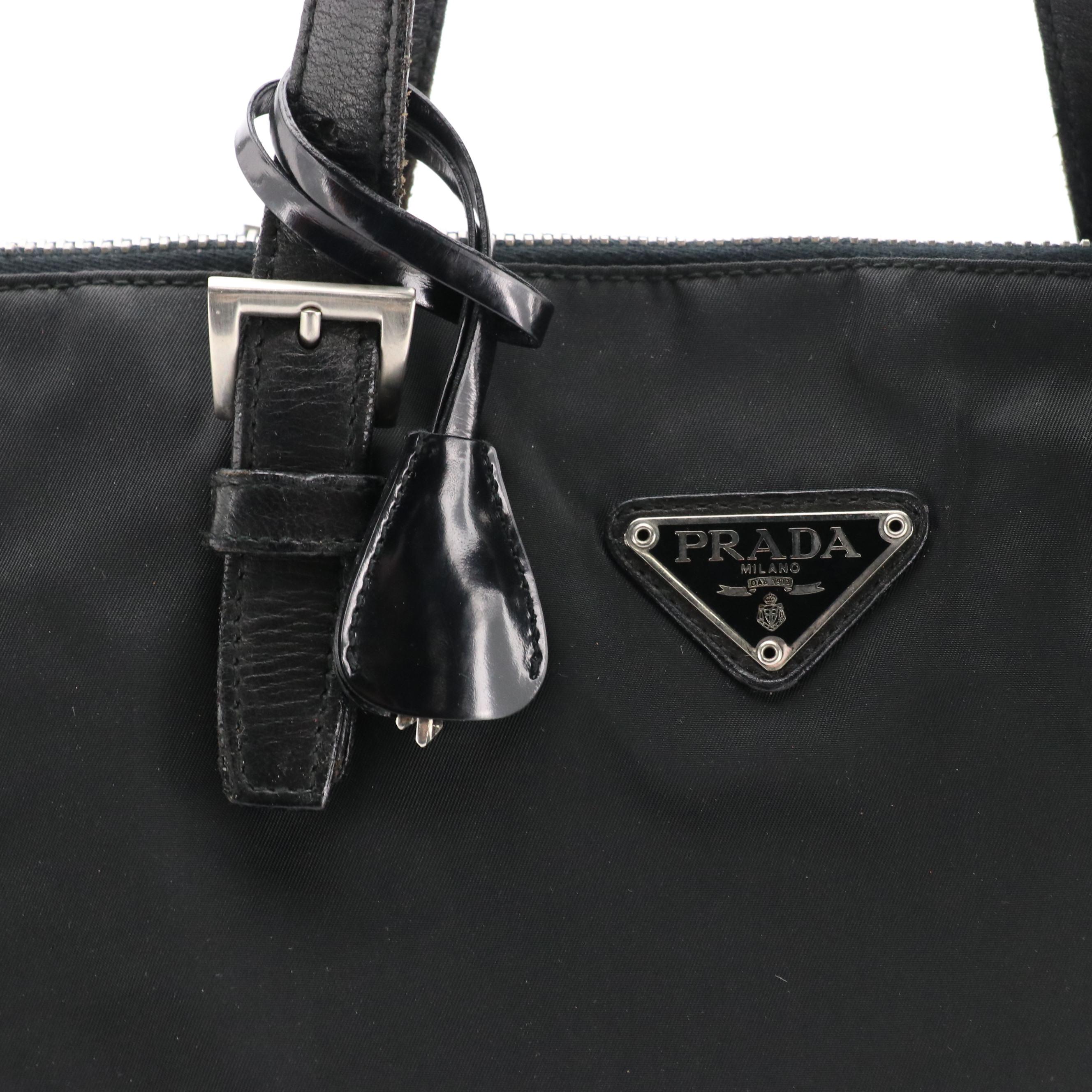 Prada Corner Zip Front Pocket Tote in Nylon and Leather