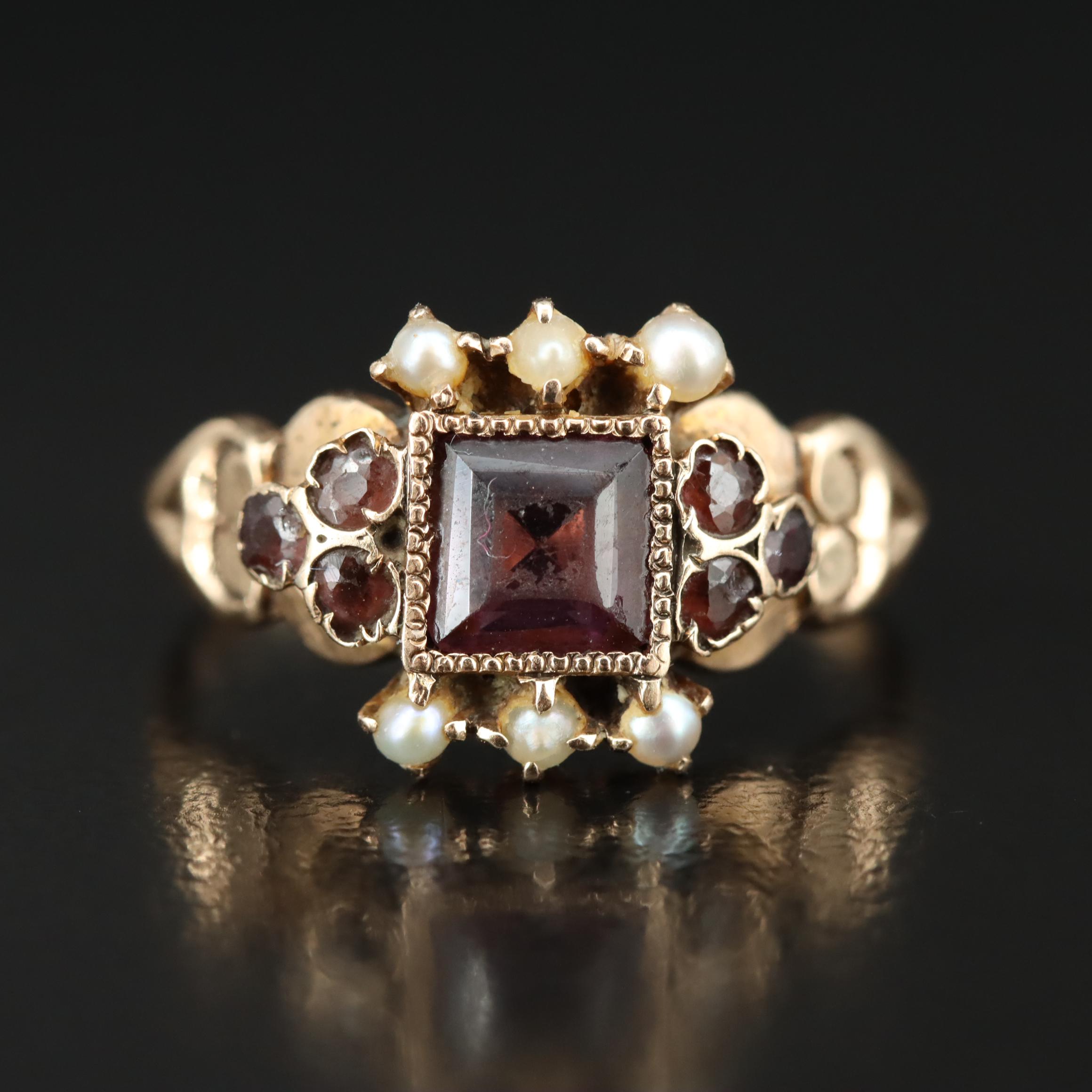 Victorian 10K Rose Gold Amethyst, Garnet and Seed Pearl Ring