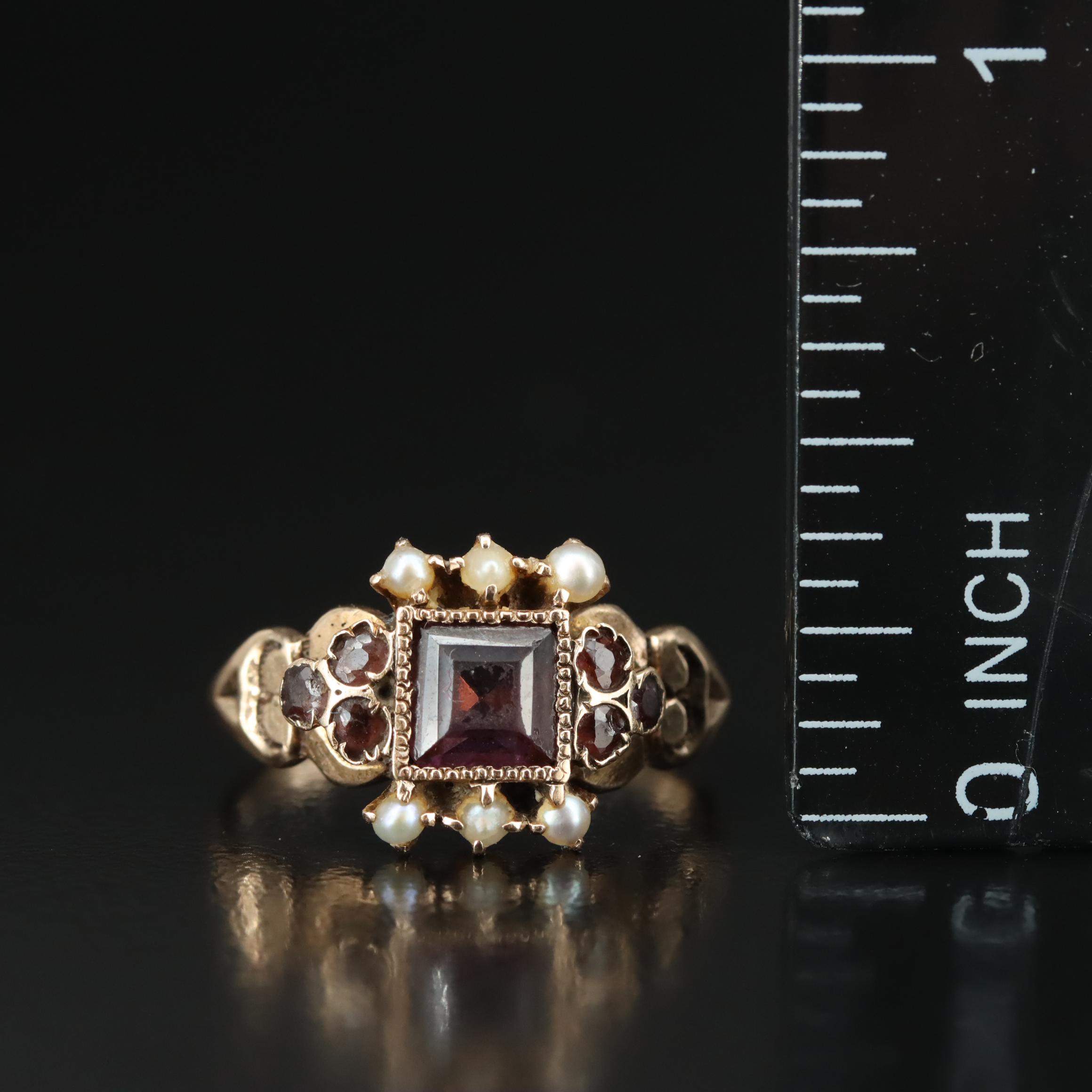 Victorian 10K Rose Gold Amethyst, Garnet and Seed Pearl Ring
