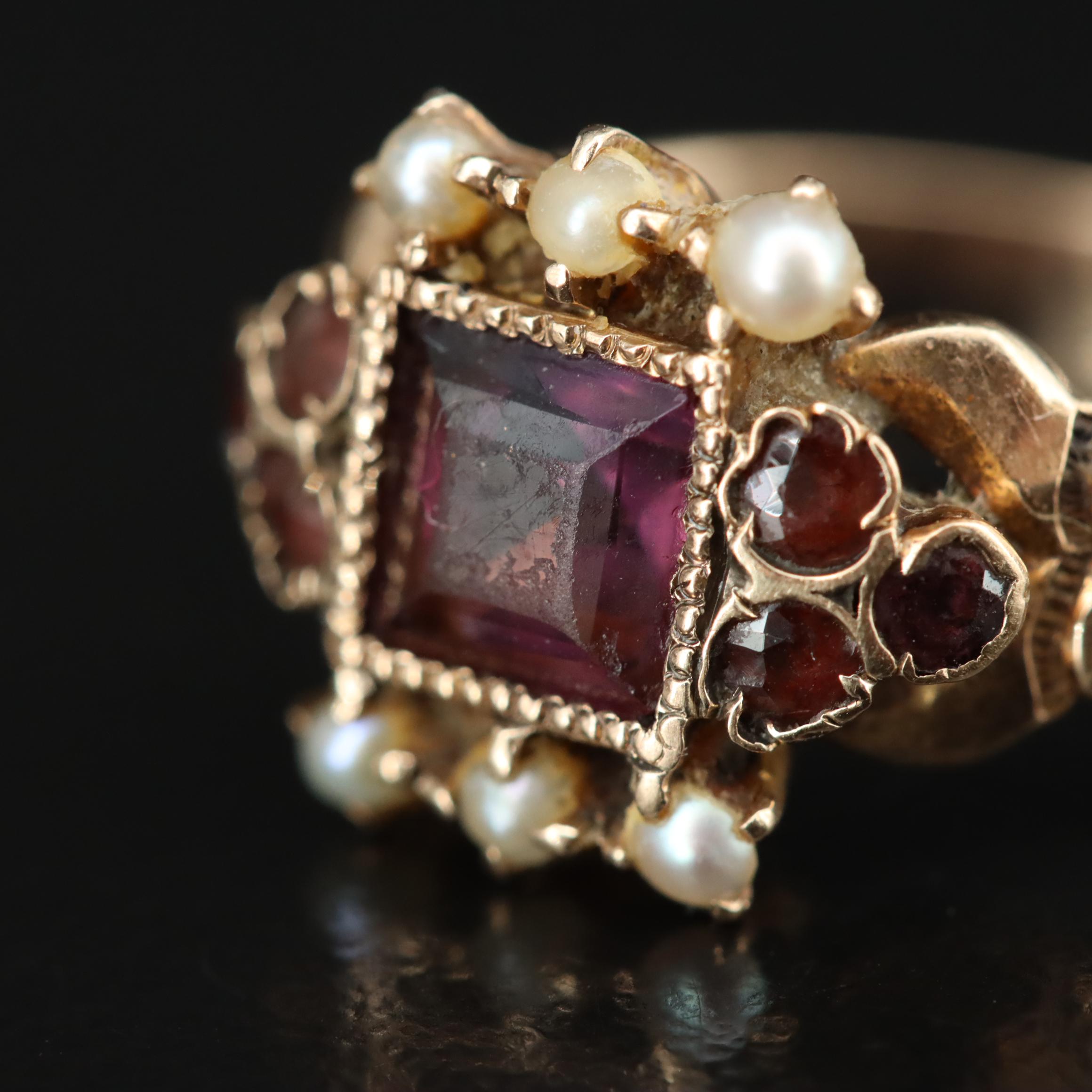 Victorian 10K Rose Gold Amethyst, Garnet and Seed Pearl Ring