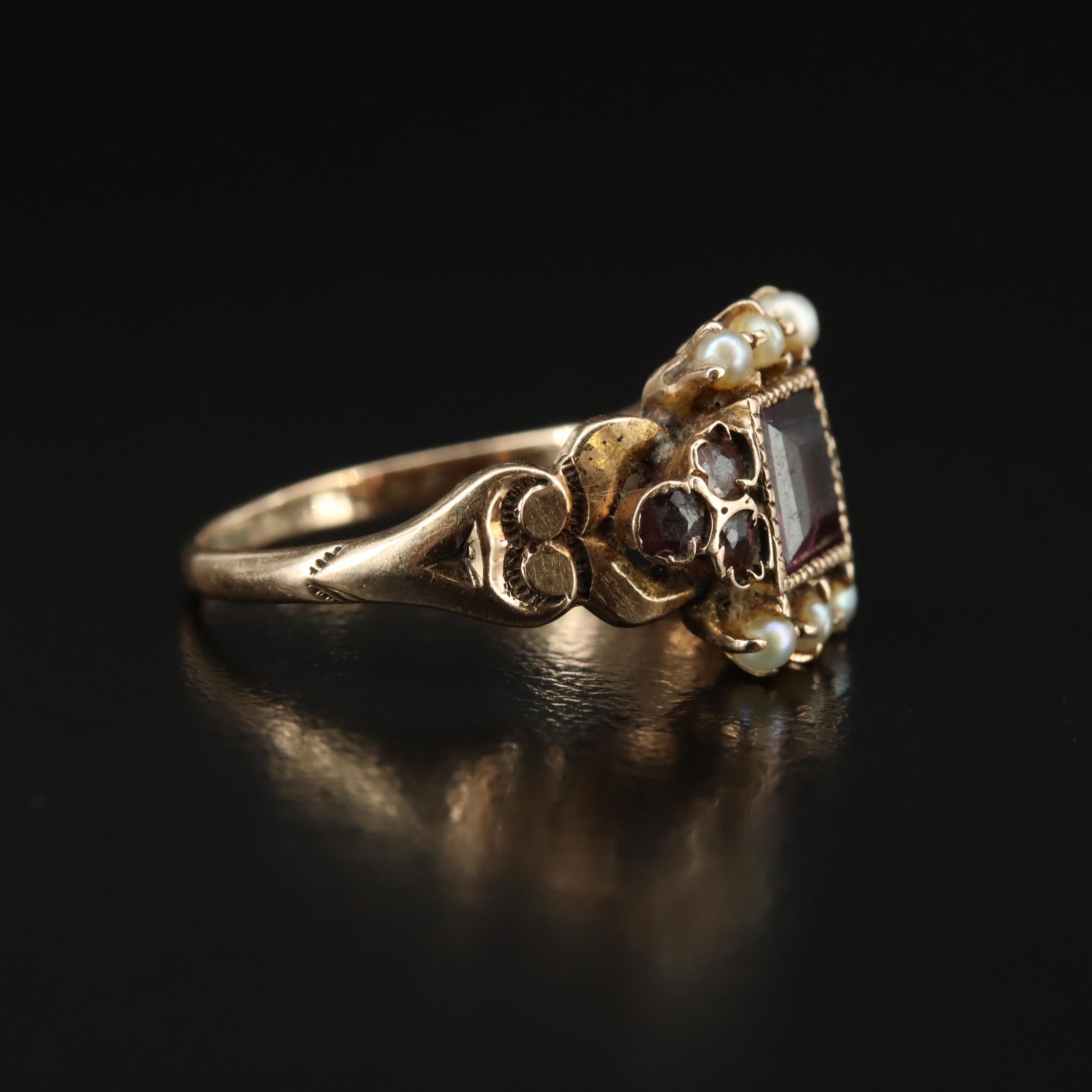 Victorian 10K Rose Gold Amethyst, Garnet and Seed Pearl Ring