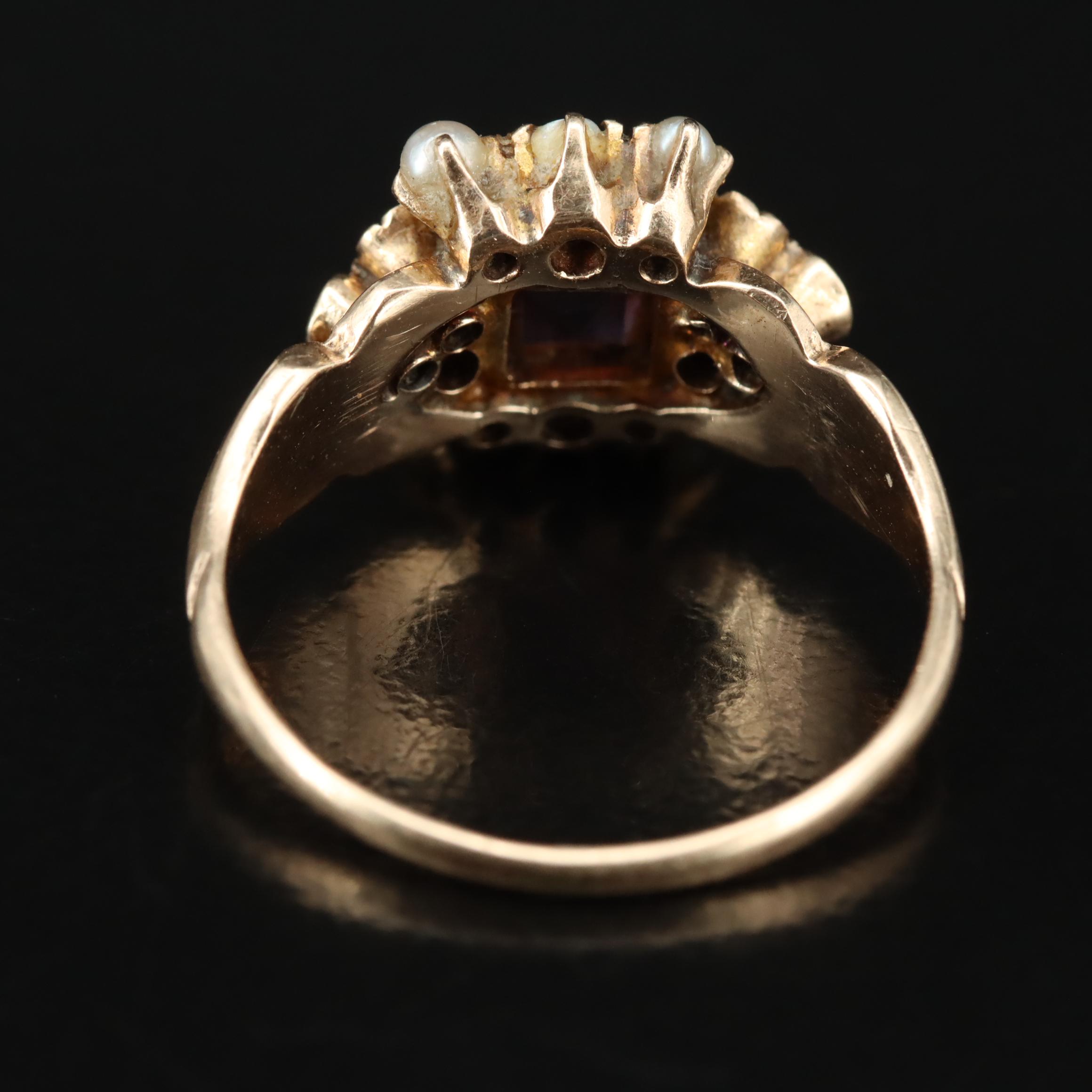 Victorian 10K Rose Gold Amethyst, Garnet and Seed Pearl Ring